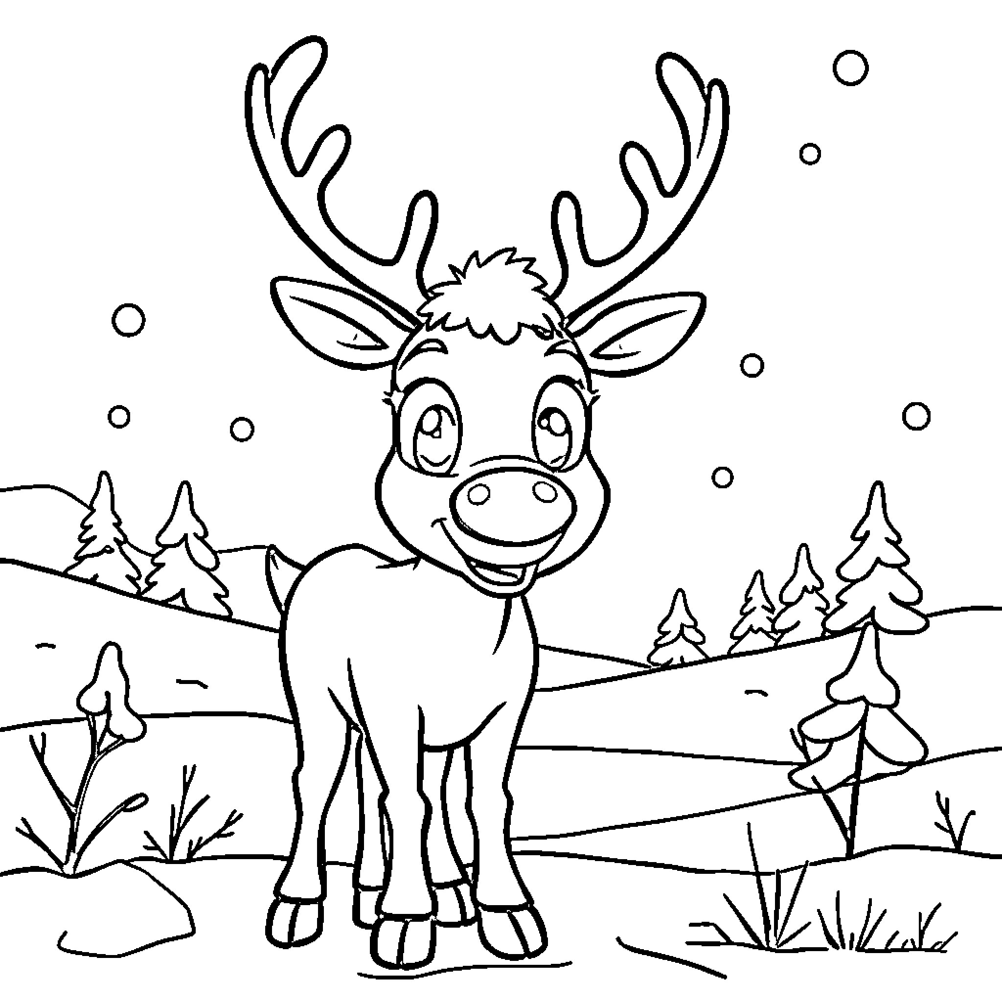 Reindeer enjoying a snowy winter scene Coloring Page (free black-and-white line drawing printable PDF for all, from beginners to advanced learners, including children, teens, adults, and seniors)