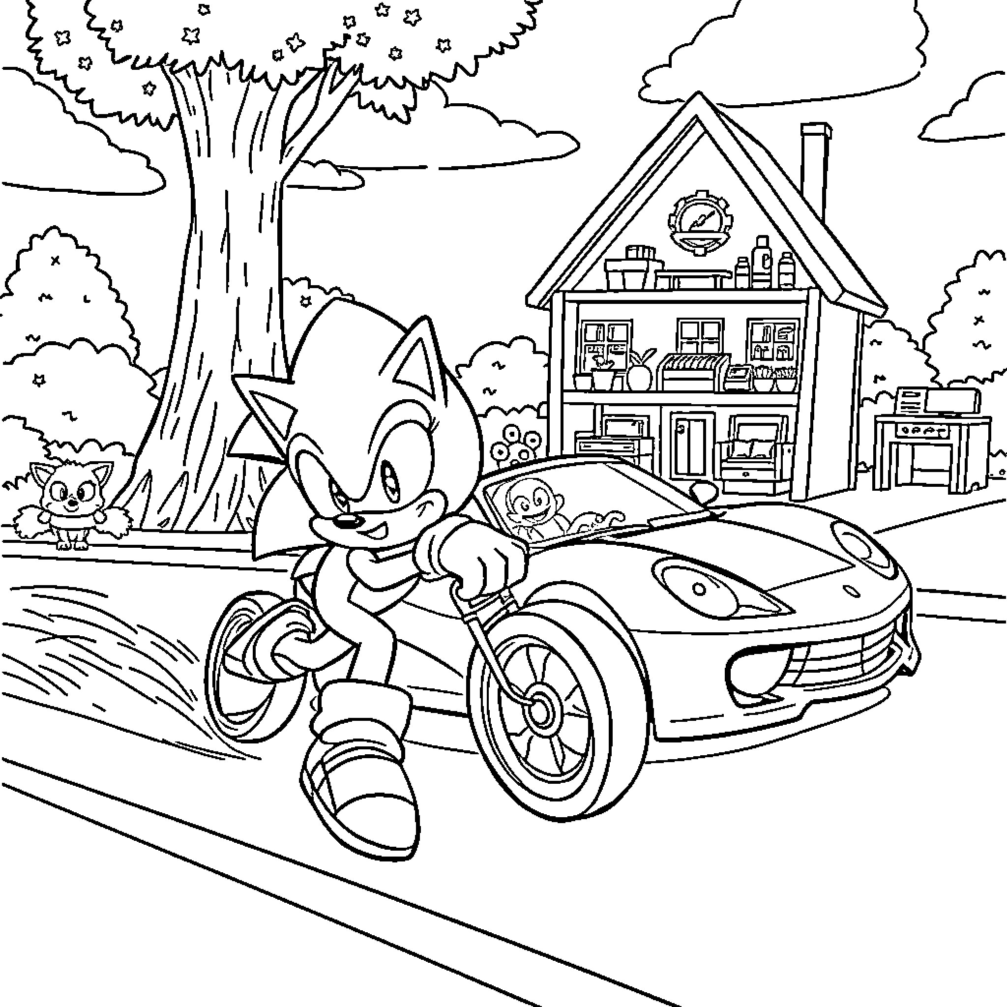 Sonic racing his cool sports car near a house Coloring Page (free black-and-white line drawing printable PDF for all, from beginners to advanced learners, including children, teens, adults, and seniors)