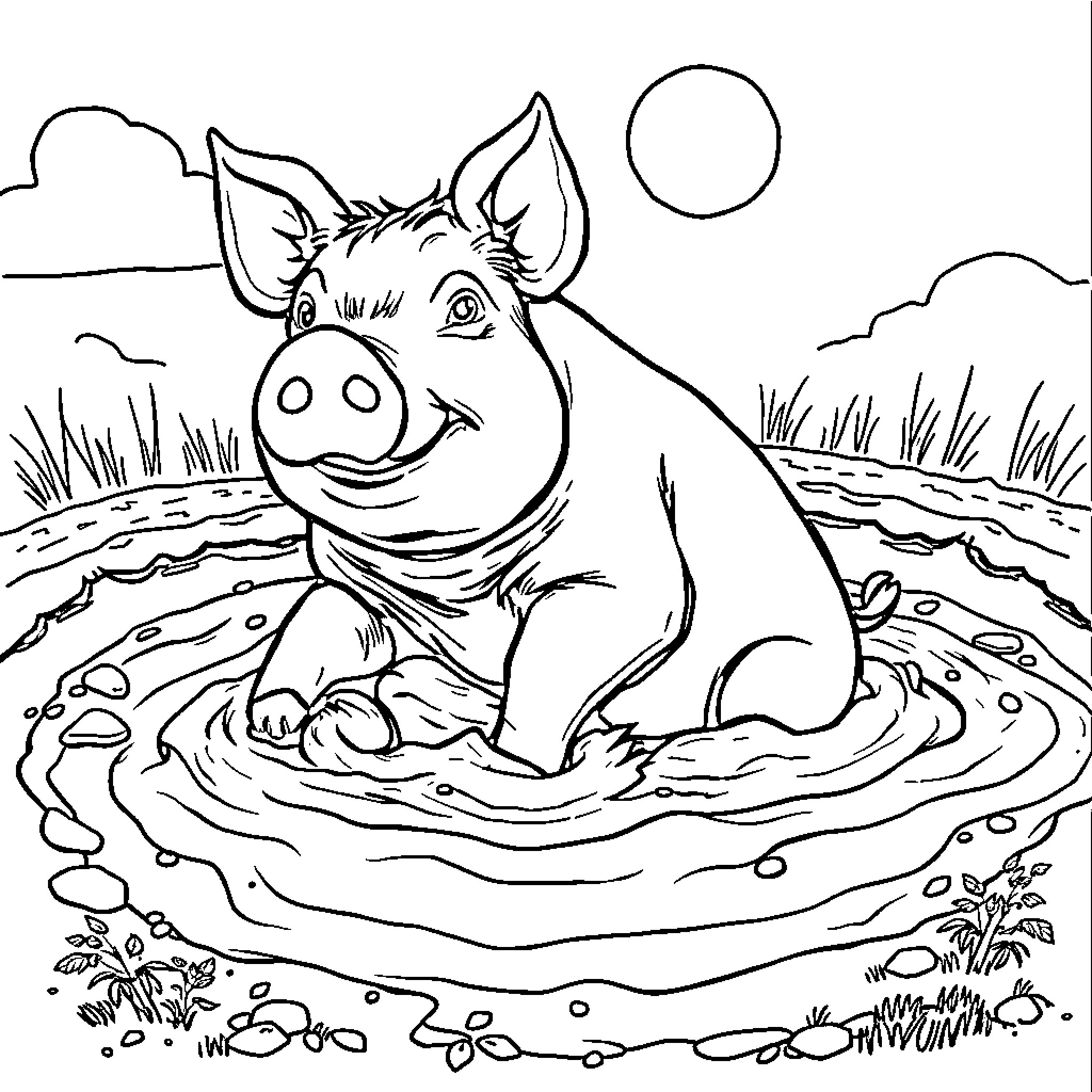 Pig enjoying a relaxing mud bath in nature Coloring Page (free black-and-white line drawing printable PDF for all, from beginners to advanced learners, including children, teens, adults, and seniors)
