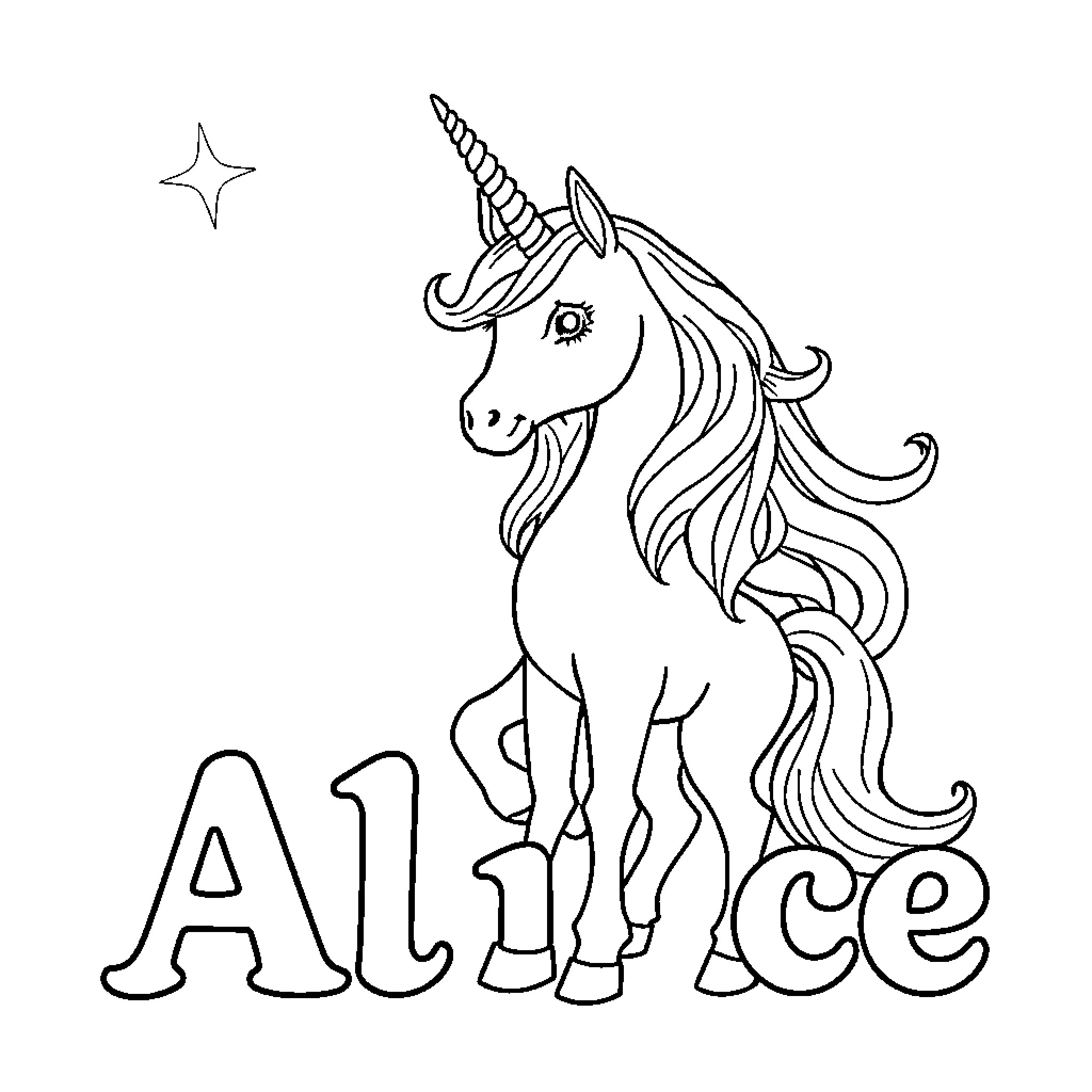 Unicorn with flowing mane standing near a star Coloring Page (free black-and-white line drawing printable PDF for all, from beginners to advanced learners, including children, teens, adults, and seniors)