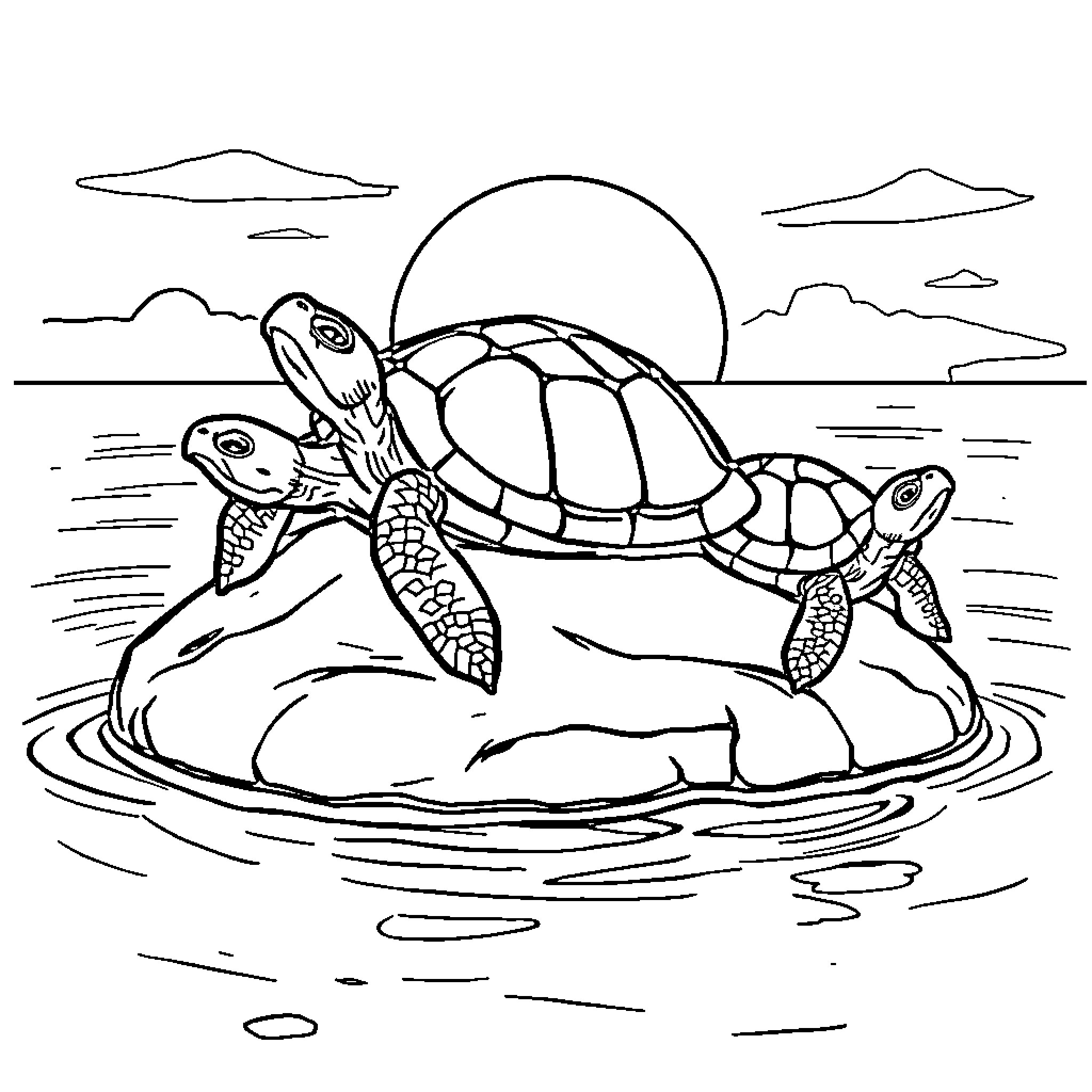 Turtles swimming in the sunset pond Coloring Page (free black-and-white line drawing printable PDF for all, from beginners to advanced learners, including children, teens, adults, and seniors)
