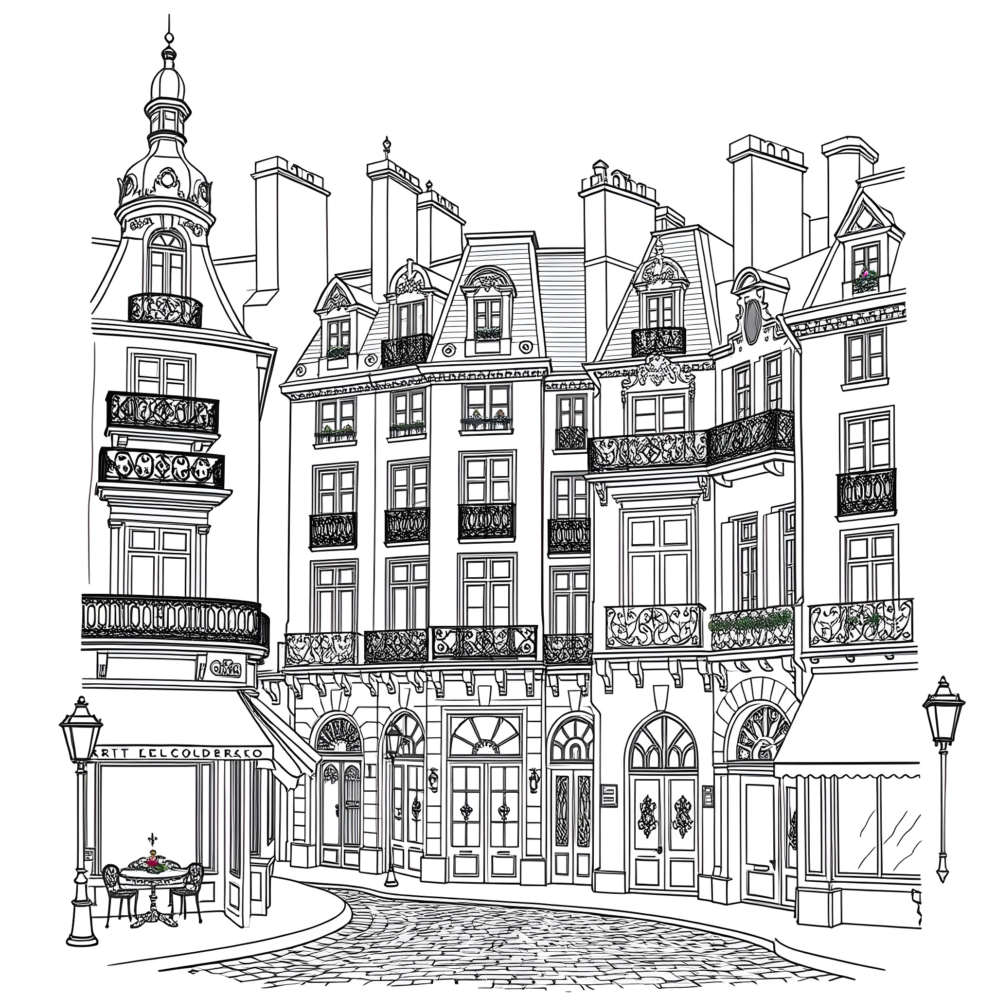 Architecture of an old European city street with ornate buildings Coloring Page (free black-and-white line drawing printable PDF for all, from beginners to advanced learners, including children, teens, adults, and seniors)