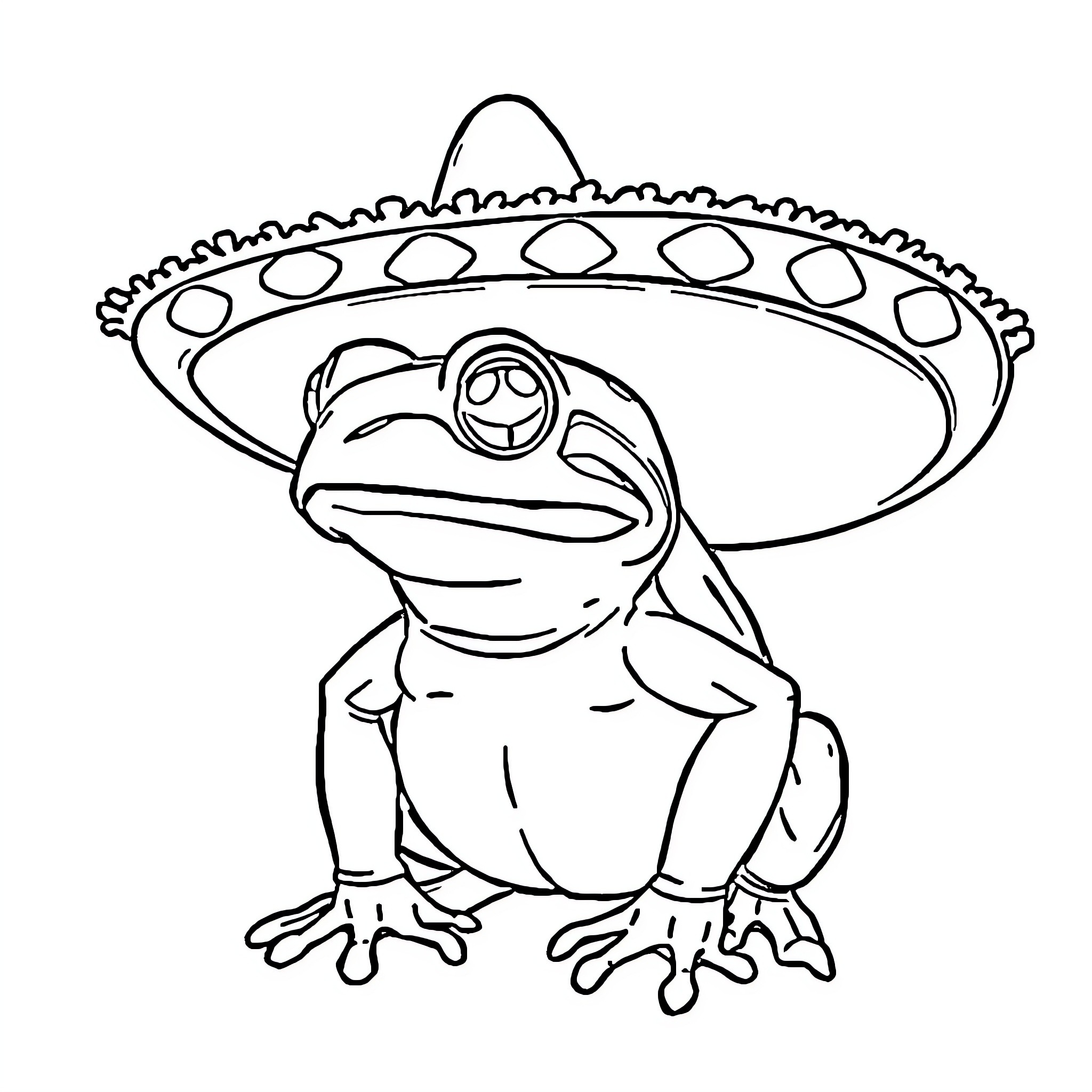 Toad wearing a festive sombrero Coloring Page (free black-and-white line drawing printable PDF for all, from beginners to advanced learners, including children, teens, adults, and seniors)