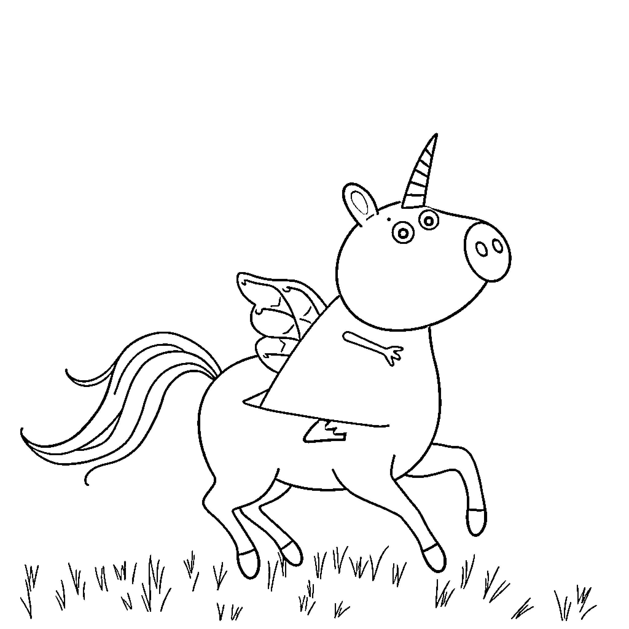 Peppa Pig riding a unicorn in the field Coloring Page (free black-and-white line drawing printable PDF for all, from beginners to advanced learners, including children, teens, adults, and seniors)