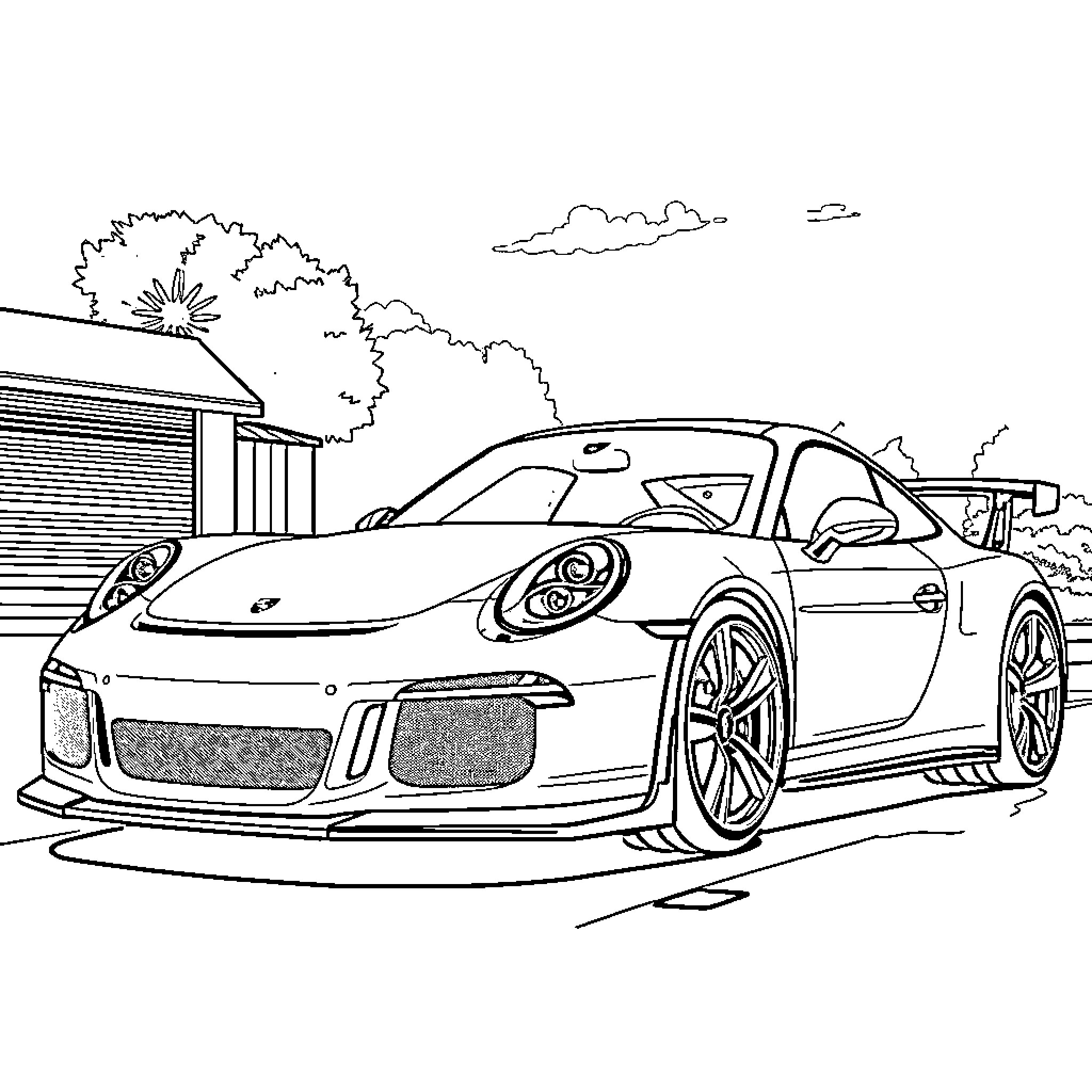 Porsche sports car parked in front of barn Coloring Page (free black-and-white line drawing printable PDF for all, from beginners to advanced learners, including children, teens, adults, and seniors)