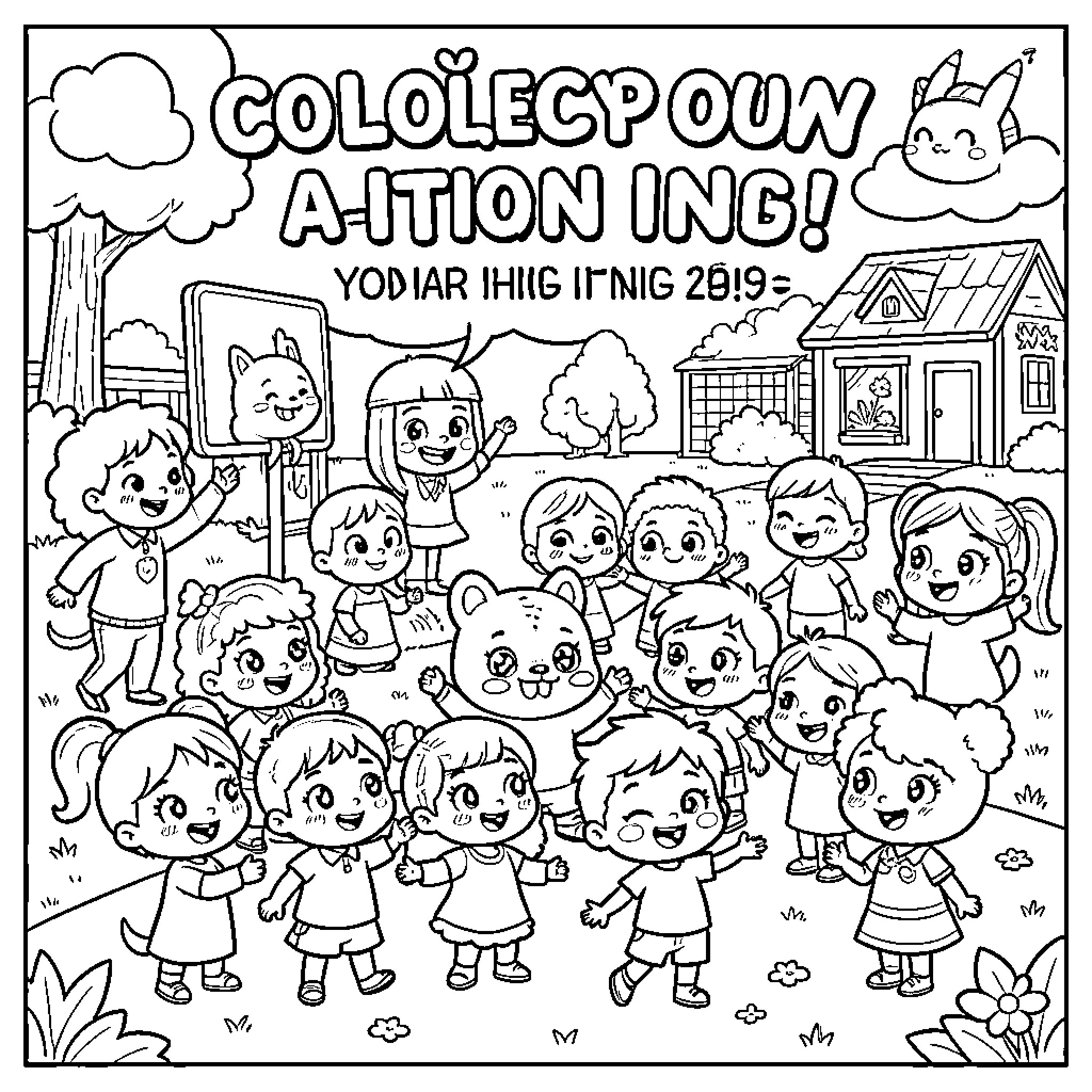 Cartoon characters in a colorful outdoor scene Coloring Page (free black-and-white line drawing printable PDF for all, from beginners to advanced learners, including children, teens, adults, and seniors)