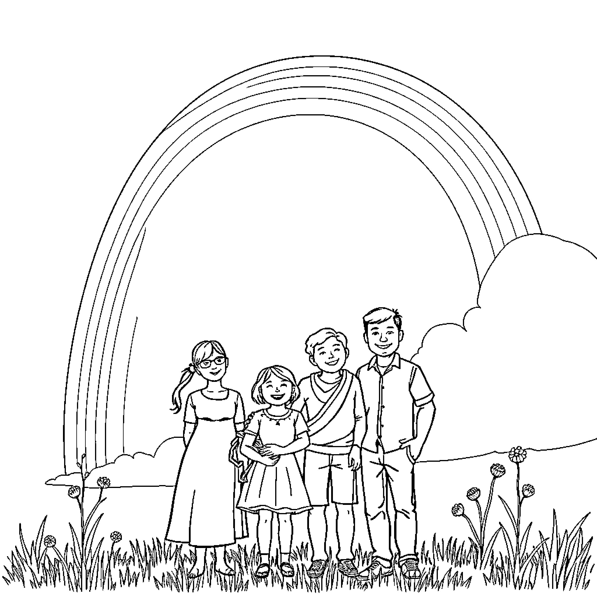 Family Portrait in Nature with Rainbow Coloring Page (free black-and-white line drawing printable PDF for all, from beginners to advanced learners, including children, teens, adults, and seniors)
