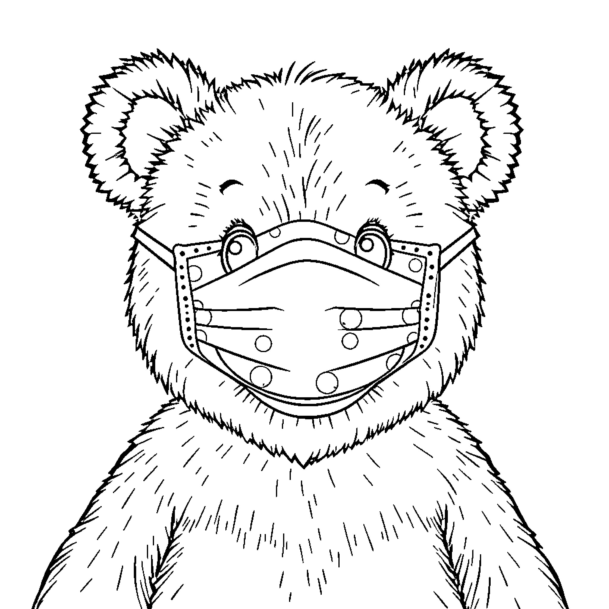 Teddy Bear wearing a protective mask Coloring Page (free black-and-white line drawing printable PDF for all, from beginners to advanced learners, including children, teens, adults, and seniors)