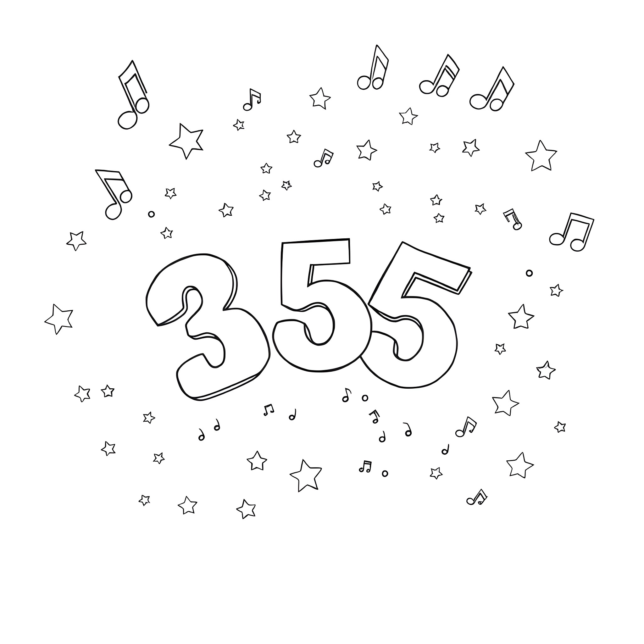 Number 355 surrounded by musical notes and stars Coloring Page (free black-and-white line drawing printable PDF for all, from beginners to advanced learners, including children, teens, adults, and seniors)