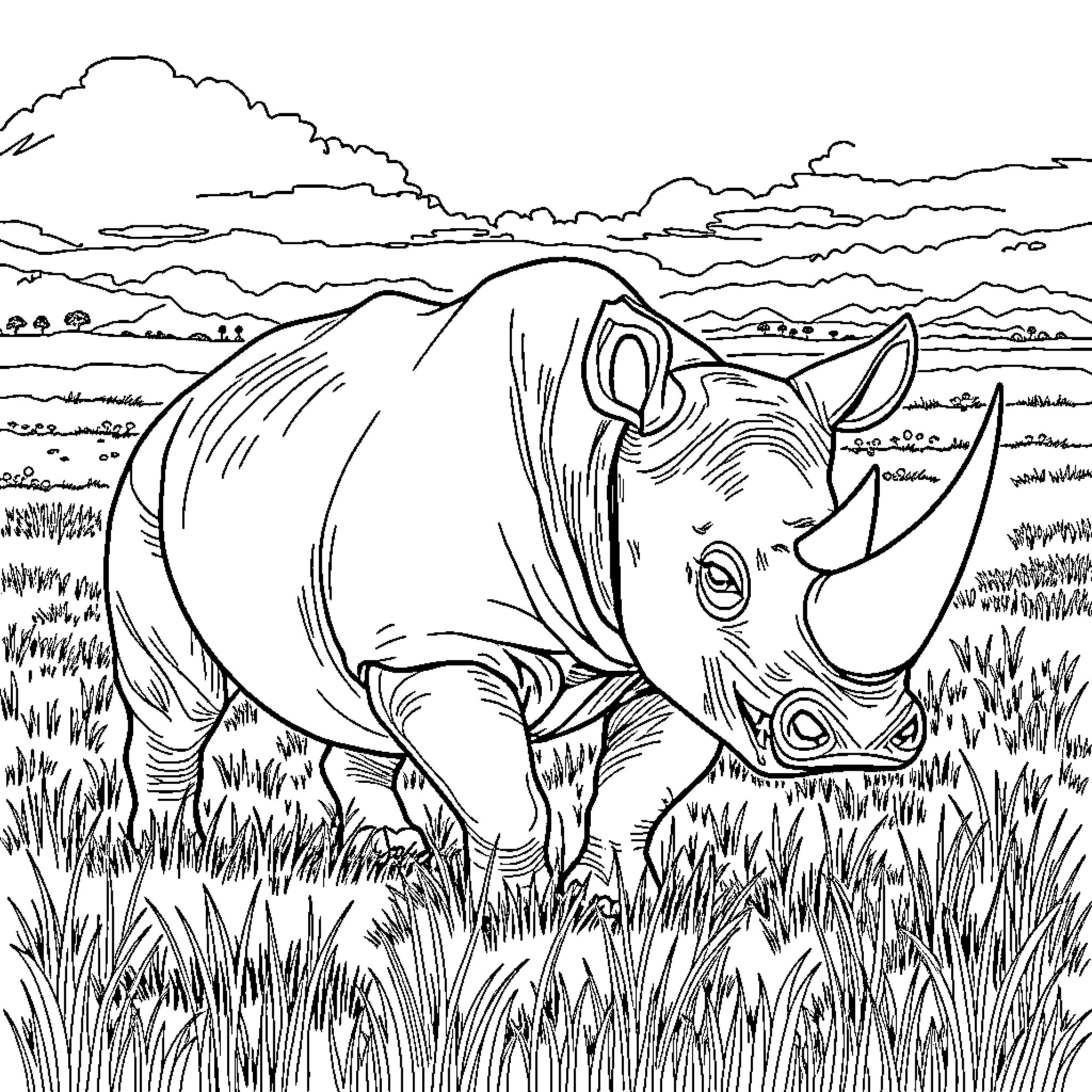 Rhinoceros roaming in the vast grassland Coloring Page (free black-and-white line drawing printable PDF for all, from beginners to advanced learners, including children, teens, adults, and seniors)