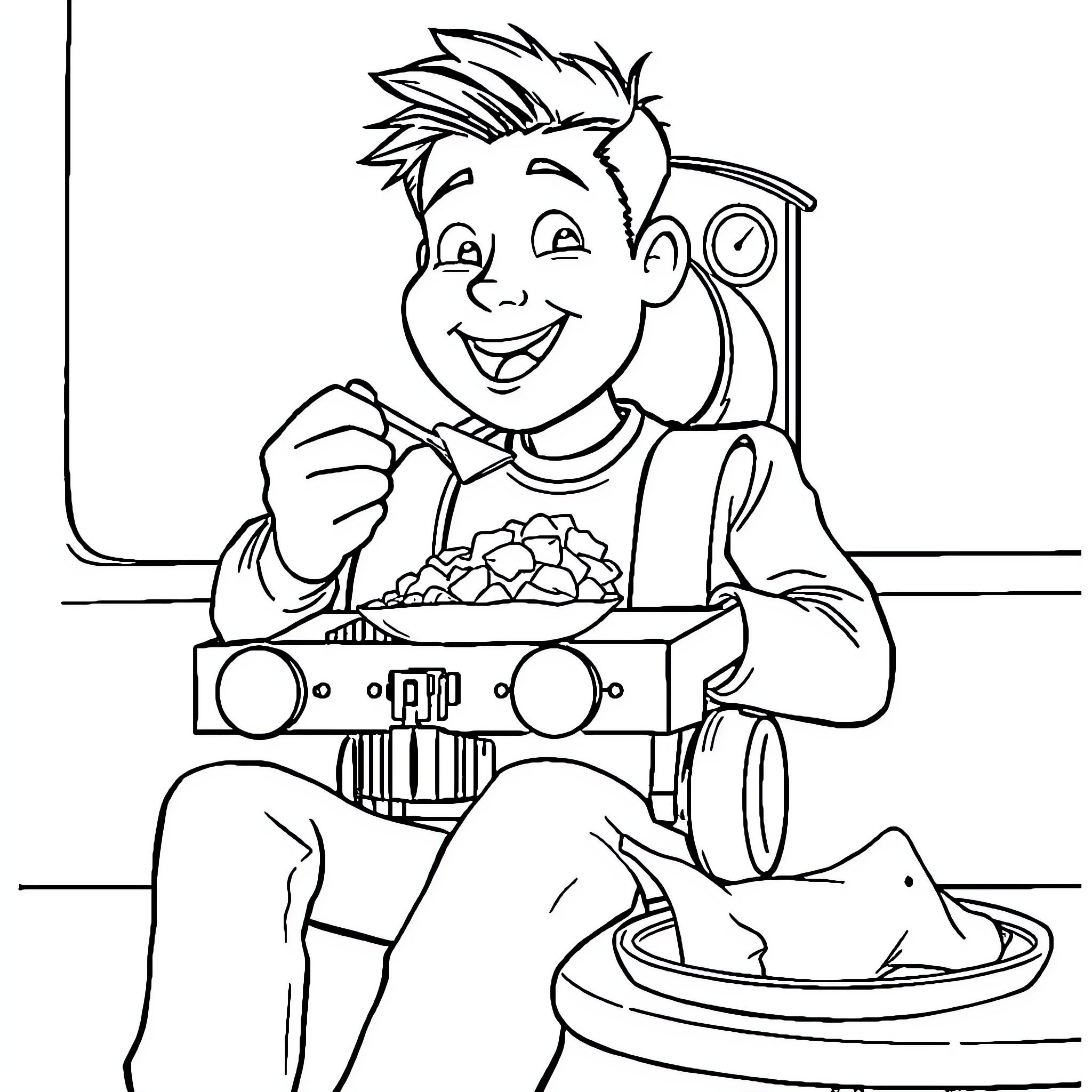 Human boy eating snacks happily at home Coloring Page (free black-and-white line drawing printable PDF for all, from beginners to advanced learners, including children, teens, adults, and seniors)