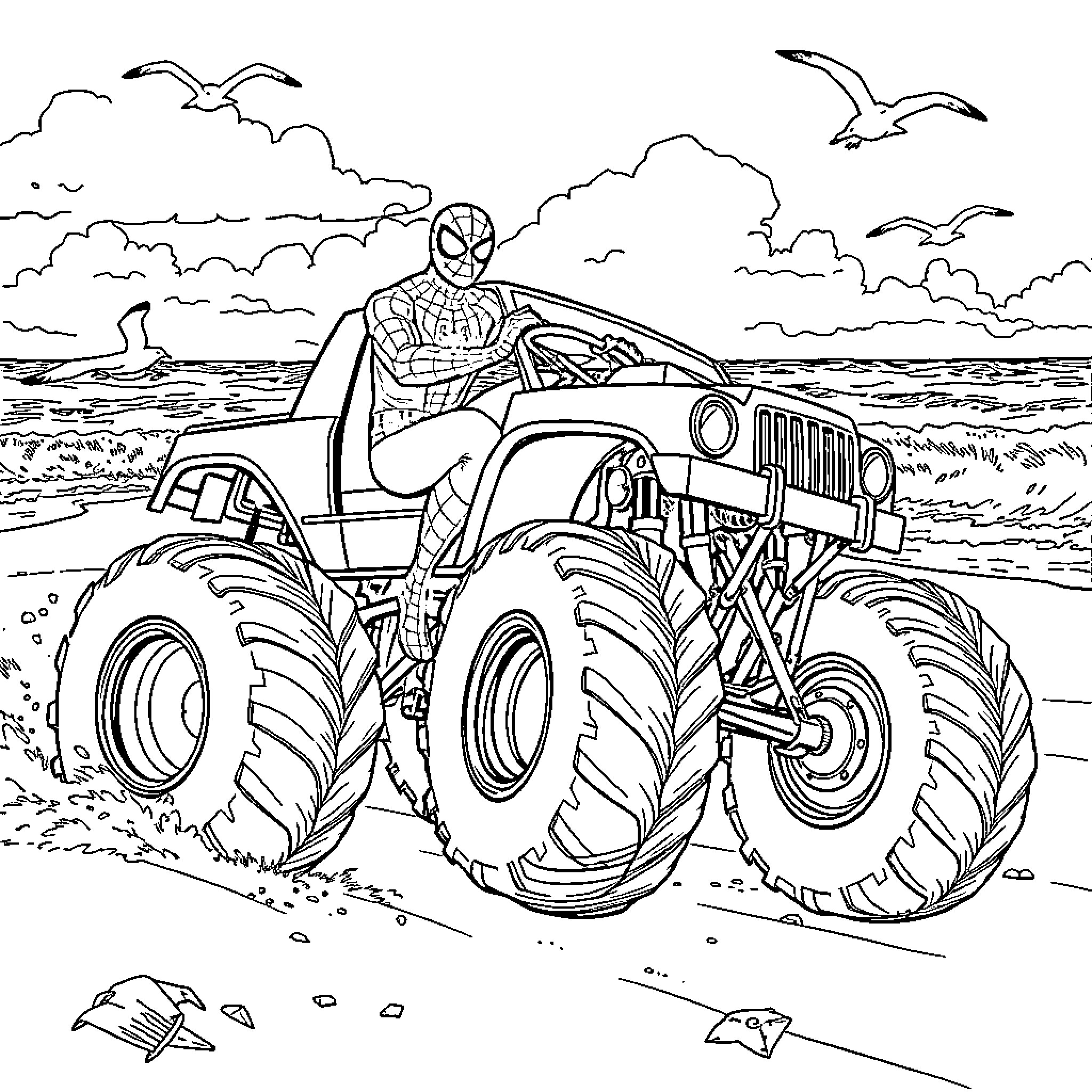 Spiderman driving a Monster Truck on the beach Coloring Page (free black-and-white line drawing printable PDF for all, from beginners to advanced learners, including children, teens, adults, and seniors)