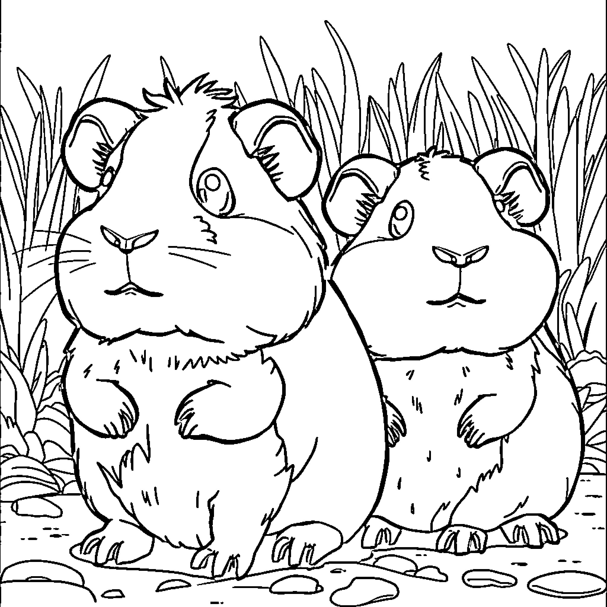 Guinea Pigs playing in the grassy field Coloring Page (free black-and-white line drawing printable PDF for all, from beginners to advanced learners, including children, teens, adults, and seniors)