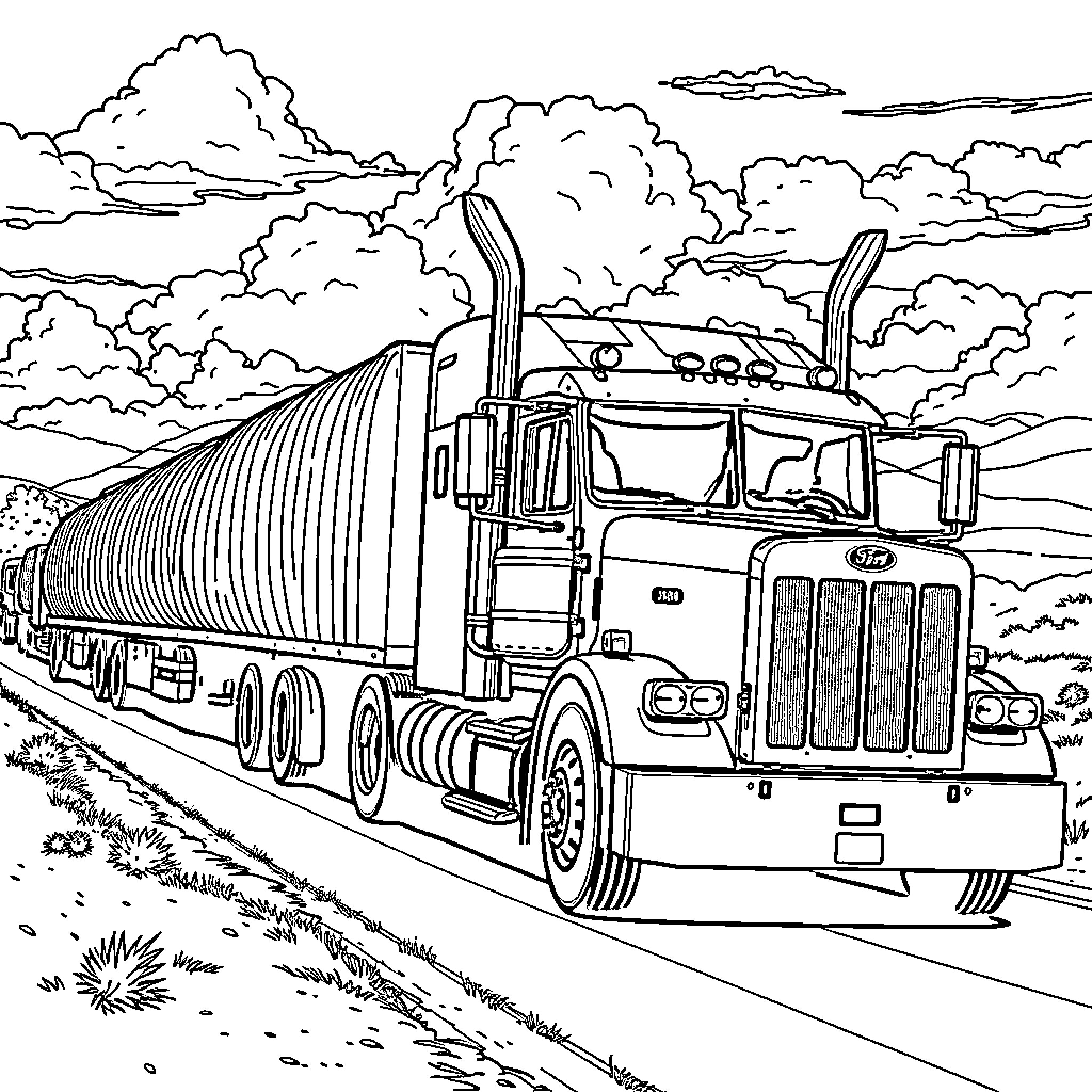 Truck on the road with cargo in the clouds Coloring Page (free black-and-white line drawing printable PDF for all, from beginners to advanced learners, including children, teens, adults, and seniors)