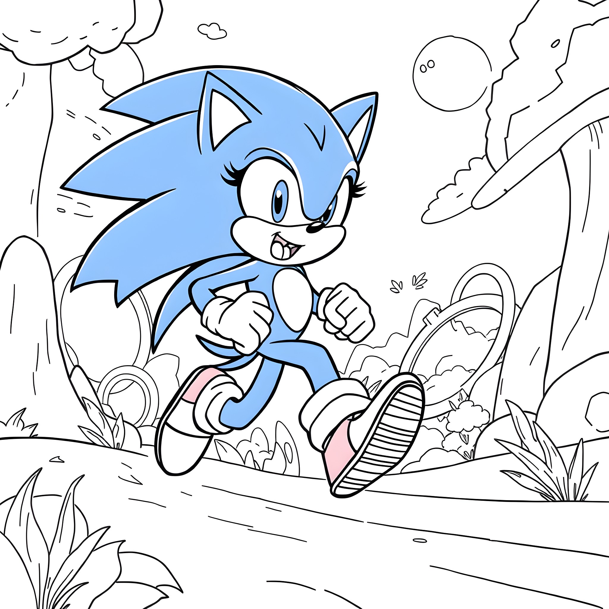 Sonic the Hedgehog running through a natural landscape Coloring Page (free black-and-white line drawing printable PDF for all, from beginners to advanced learners, including children, teens, adults, and seniors)