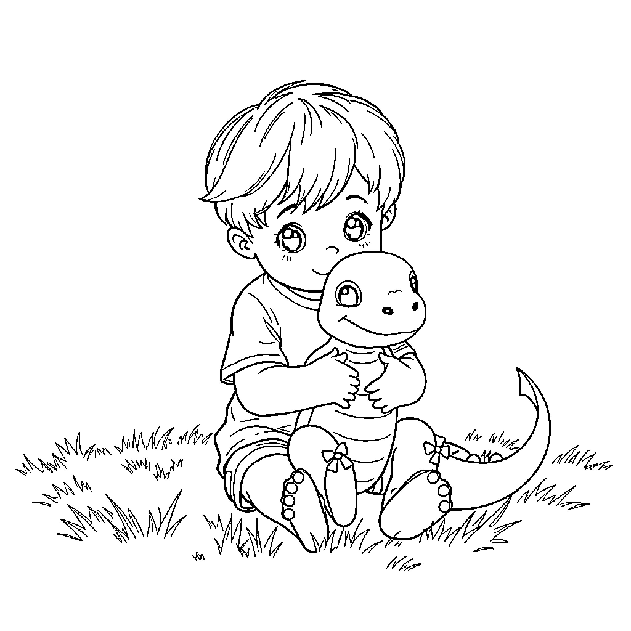 Child playing with stuffed animal in grassy field Coloring Page (free black-and-white line drawing printable PDF for all, from beginners to advanced learners, including children, teens, adults, and seniors)