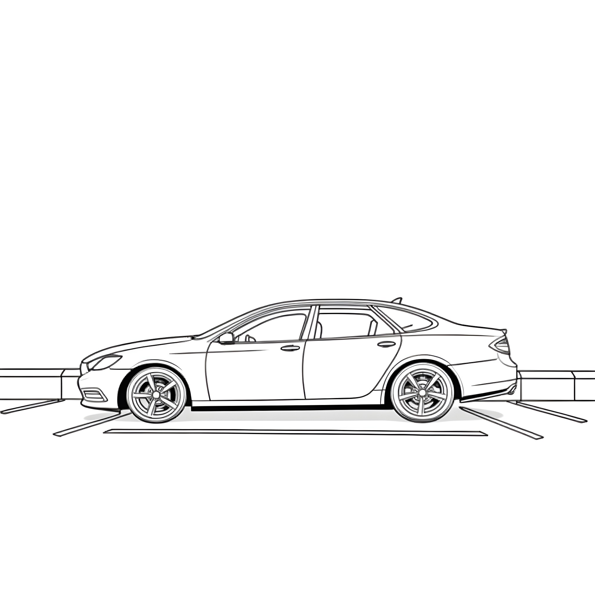 Car in the parking lot Coloring Page (free black-and-white line drawing printable PDF for all, from beginners to advanced learners, including children, teens, adults, and seniors)