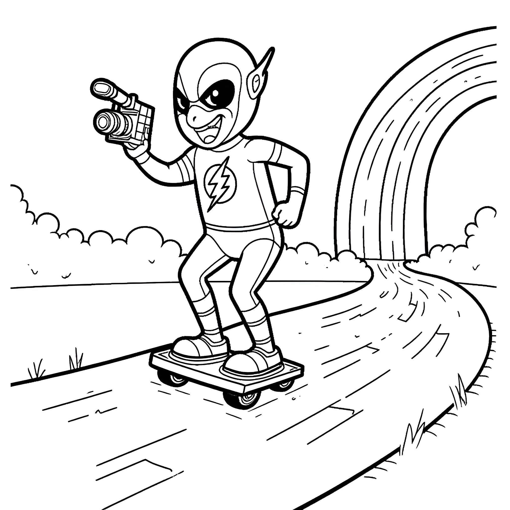 Flash Superhero Zooms on Hoverboard Coloring Page (free black-and-white line drawing printable PDF for all, from beginners to advanced learners, including children, teens, adults, and seniors)
