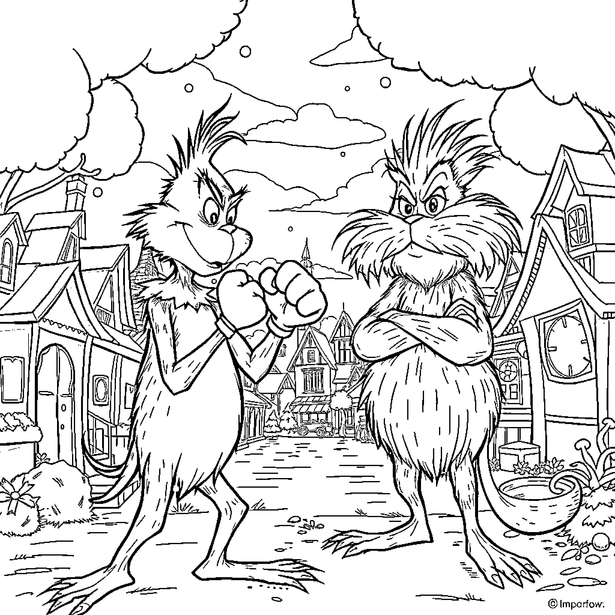 Grinch and Max enjoying mischievous adventures in Whoville Coloring Page (free black-and-white line drawing printable PDF for all, from beginners to advanced learners, including children, teens, adults, and seniors)