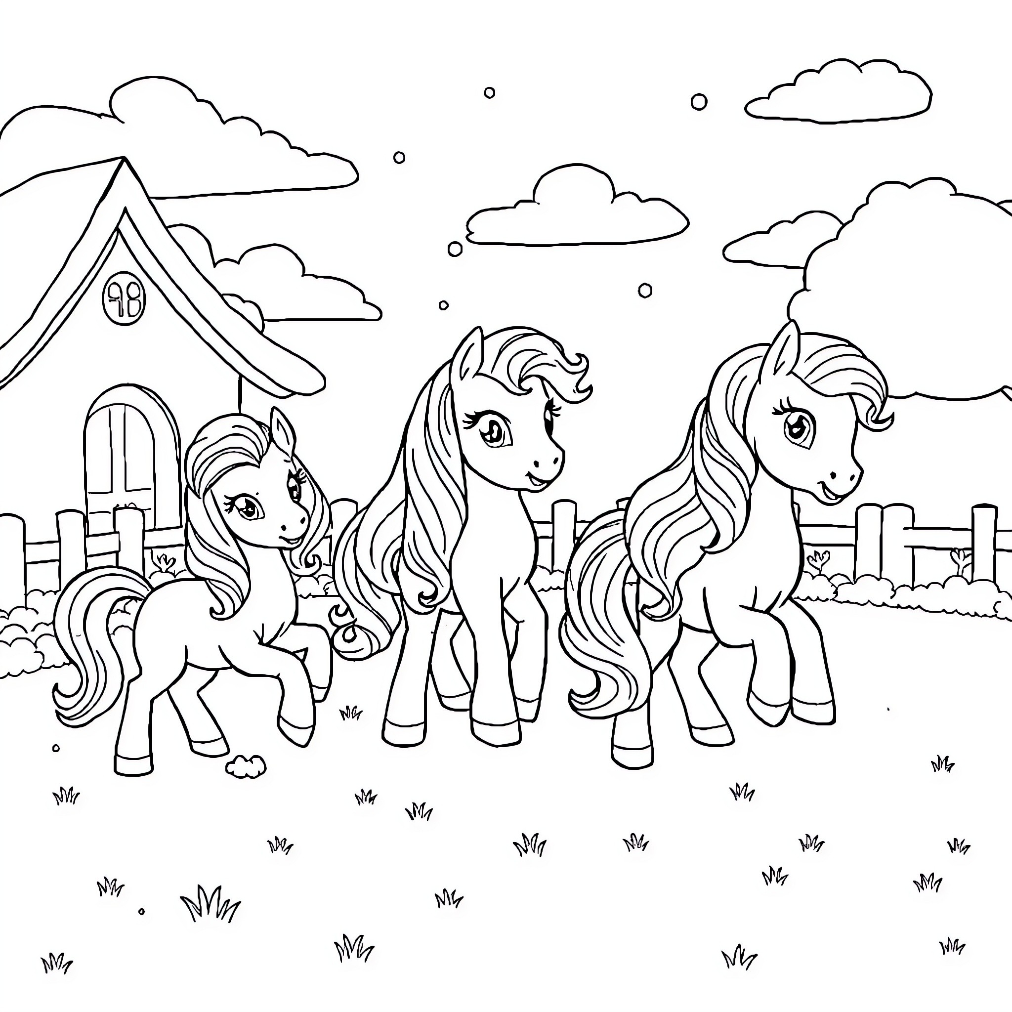 Pony friends explore the countryside Coloring Page (free black-and-white line drawing printable PDF for all, from beginners to advanced learners, including children, teens, adults, and seniors)