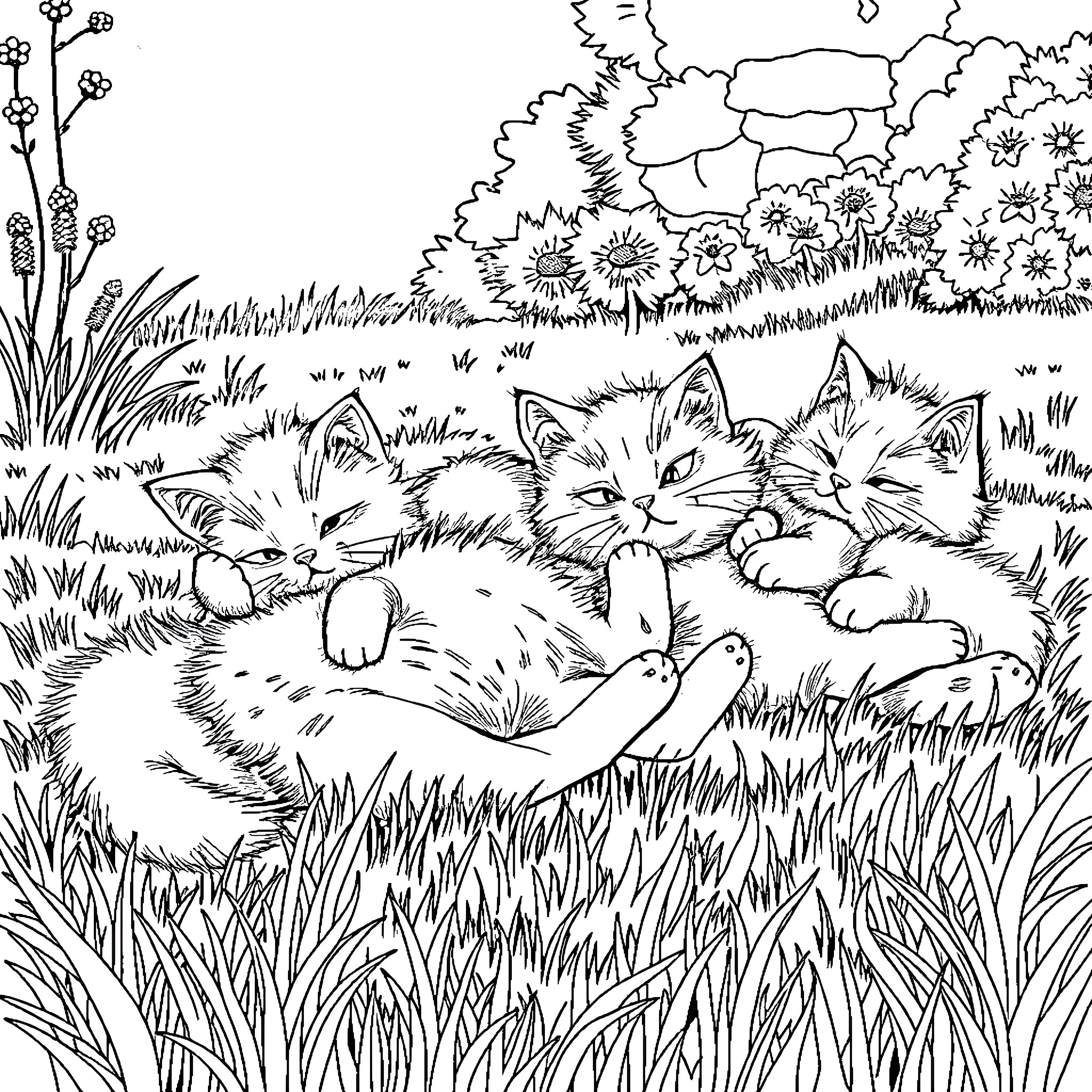 Cat napping in the lush meadow Coloring Page (free black-and-white line drawing printable PDF for all, from beginners to advanced learners, including children, teens, adults, and seniors)