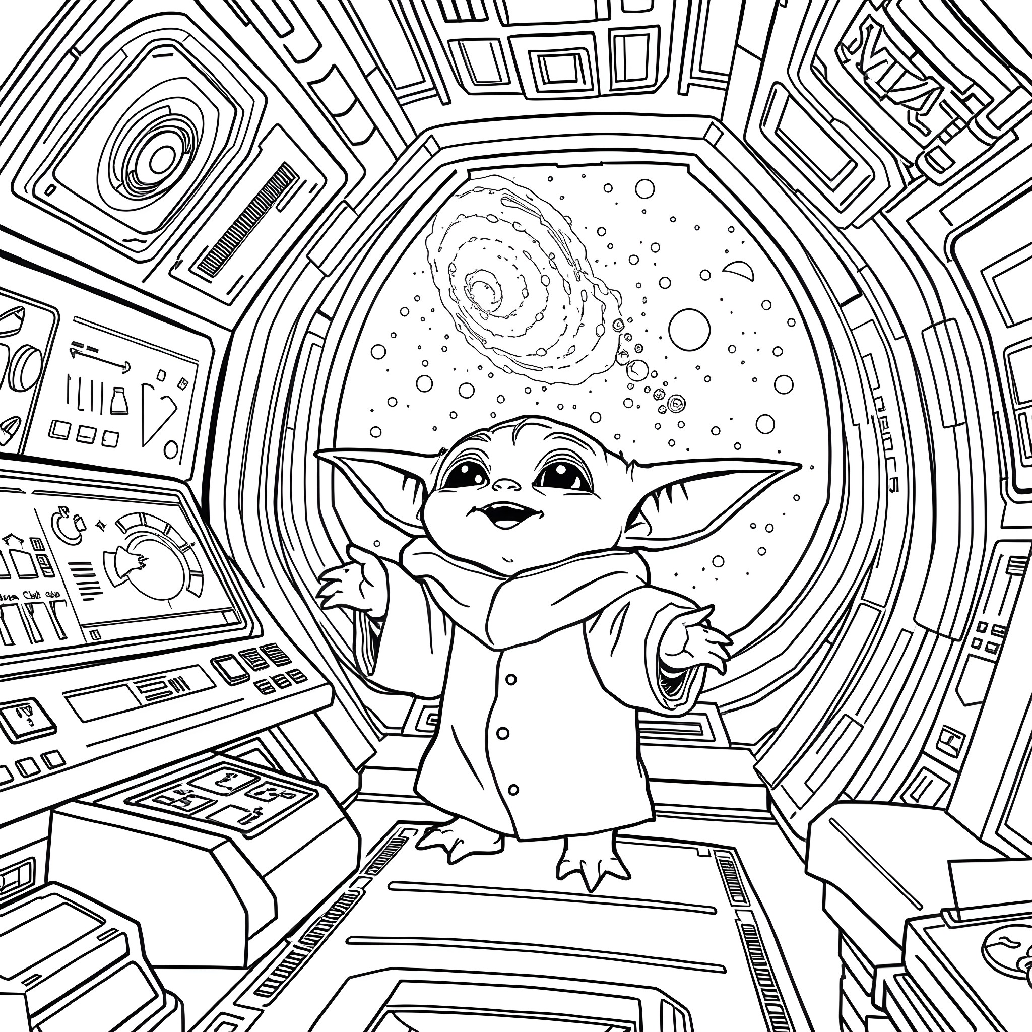 Baby Yoda Exploring the Intergalactic Spacecraft Coloring Page (free black-and-white line drawing printable PDF for all, from beginners to advanced learners, including children, teens, adults, and seniors)