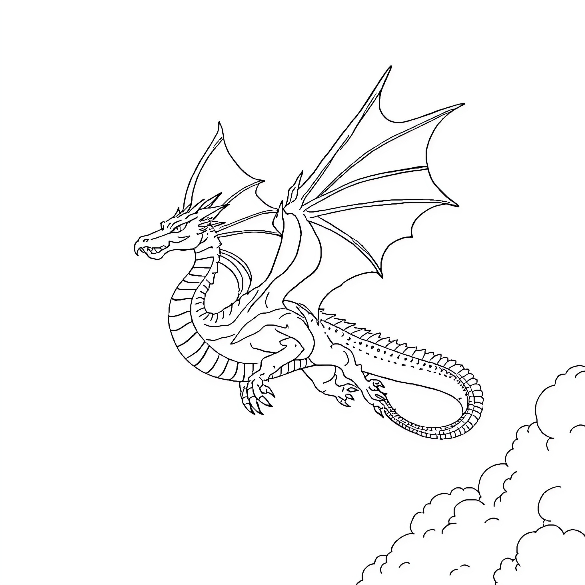 Dragon soaring in the clouds Coloring Page (free black-and-white line drawing printable PDF for all, from beginners to advanced learners, including children, teens, adults, and seniors)
