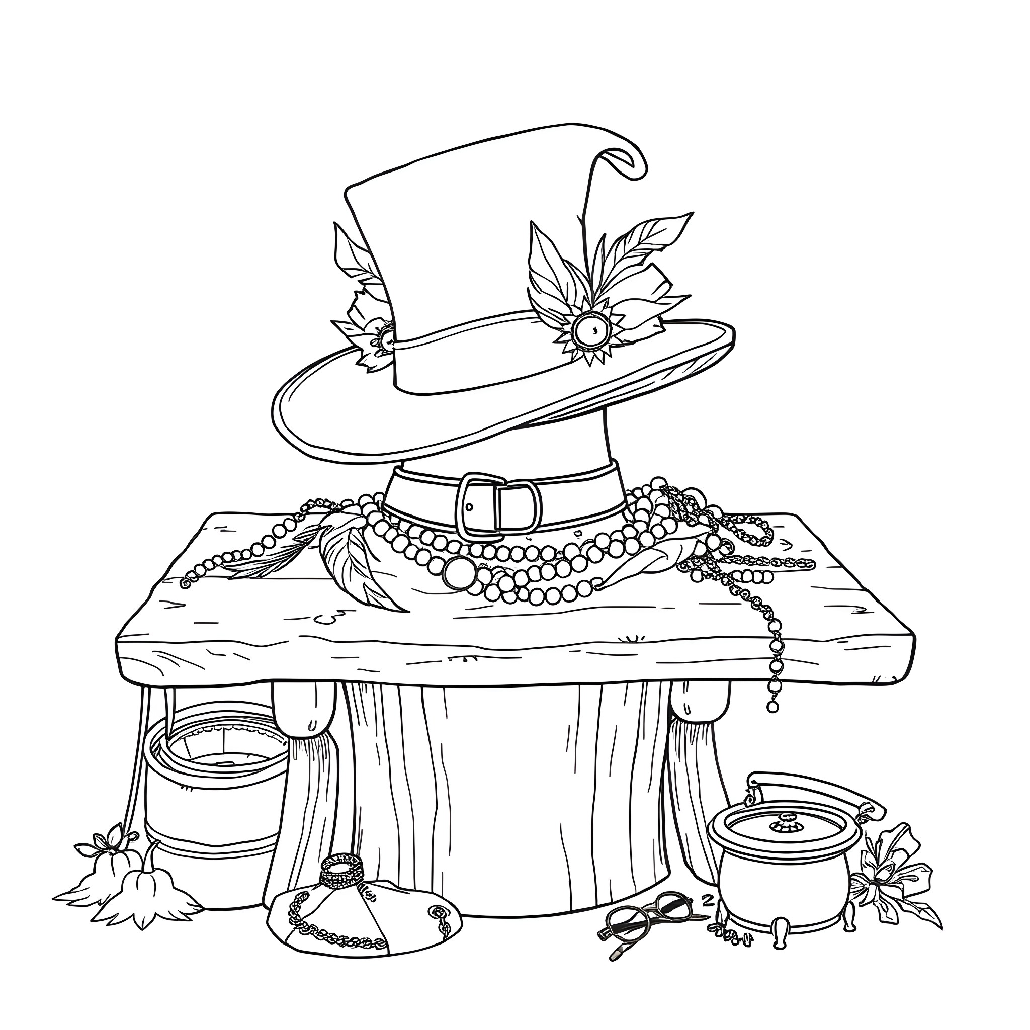 Hat with flowers on table with accessories Coloring Page (free black-and-white line drawing printable PDF for all, from beginners to advanced learners, including children, teens, adults, and seniors)