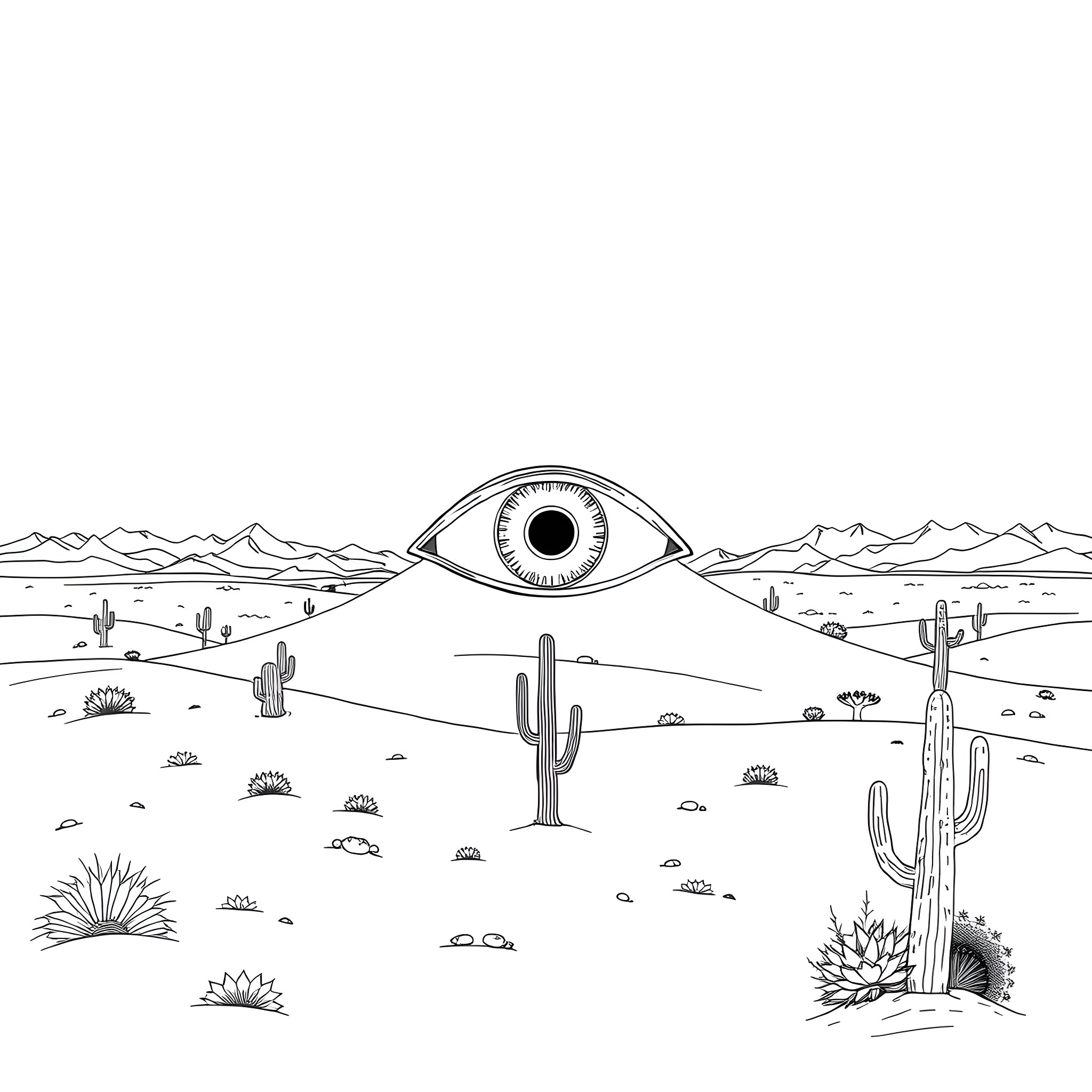 Eye observing the desert landscape Coloring Page (free black-and-white line drawing printable PDF for all, from beginners to advanced learners, including children, teens, adults, and seniors)