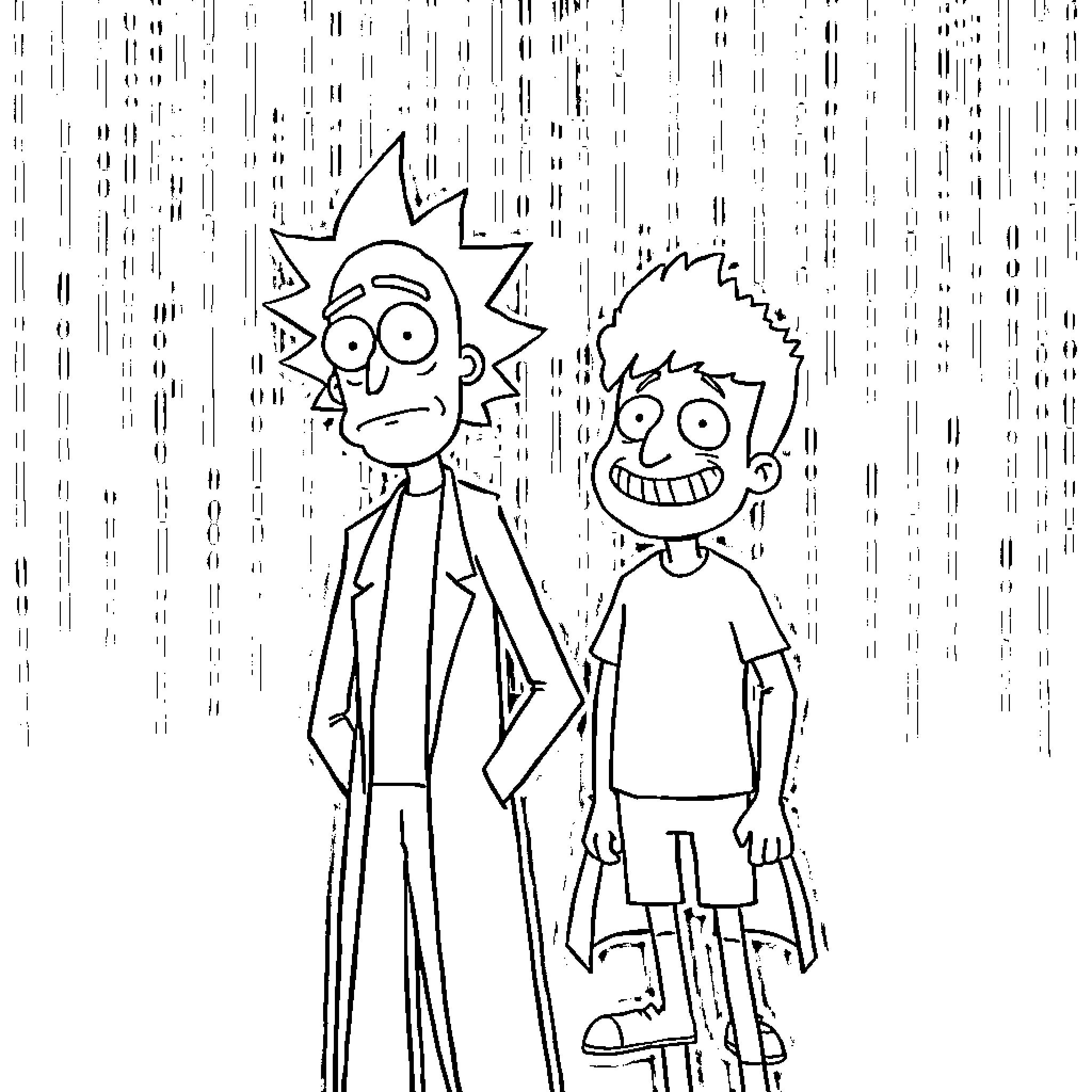 Rick and Morty's Surreal Adventure Coloring Page (free black-and-white line drawing printable PDF for all, from beginners to advanced learners, including children, teens, adults, and seniors)