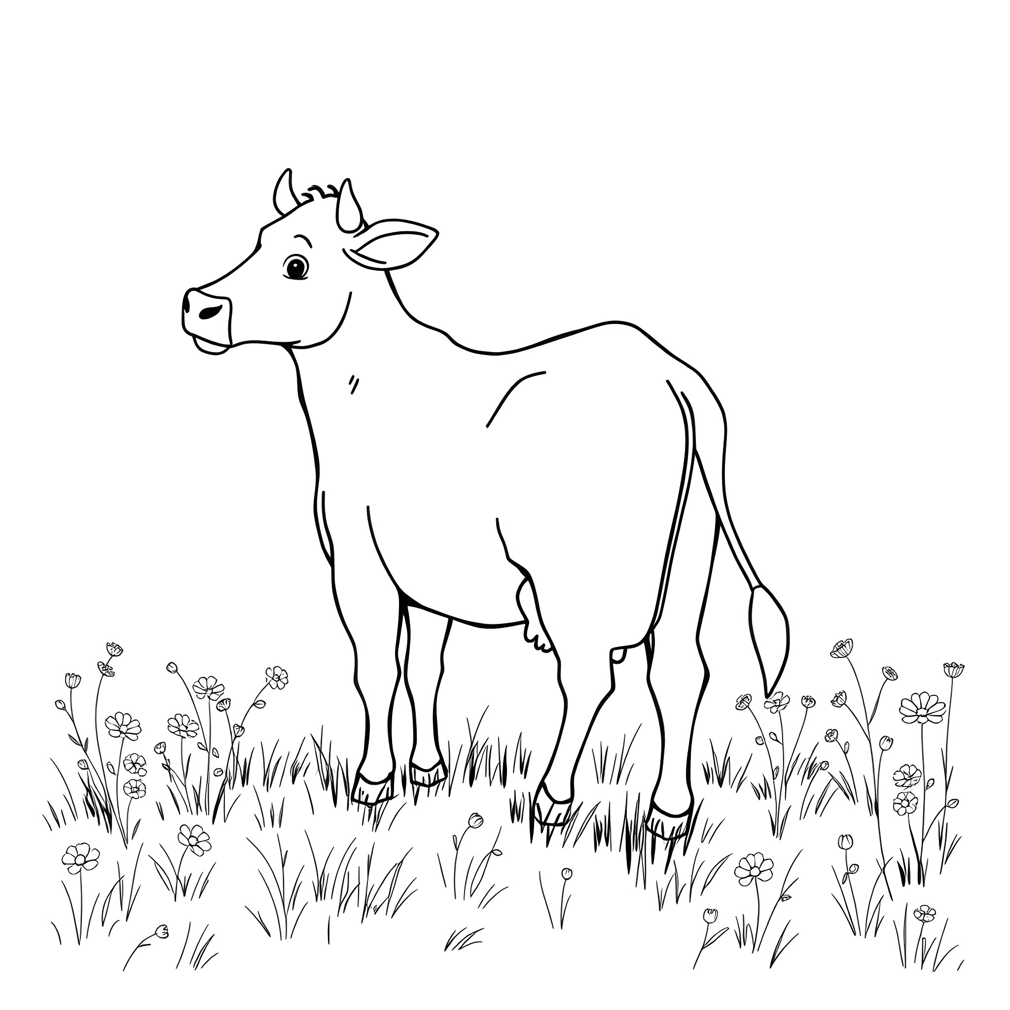 Cow standing in the meadow with flowers Coloring Page (free black-and-white line drawing printable PDF for all, from beginners to advanced learners, including children, teens, adults, and seniors)