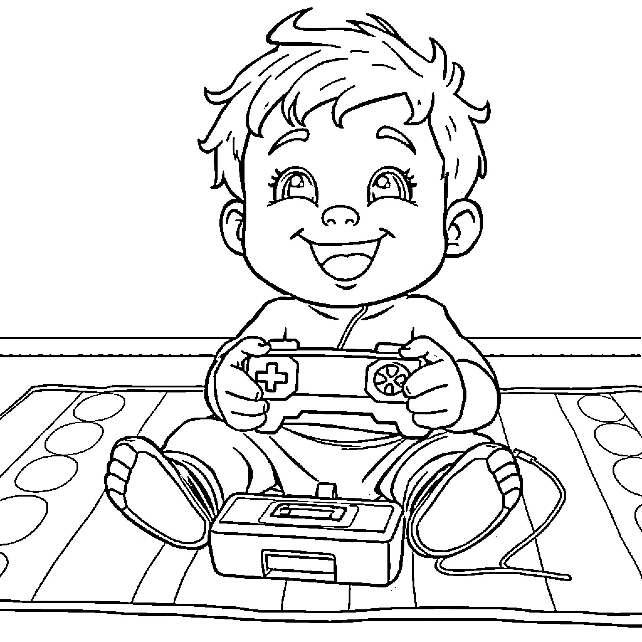 Baby Saja playing video games happily Coloring Page (free black-and-white line drawing printable PDF for all, from beginners to advanced learners, including children, teens, adults, and seniors)