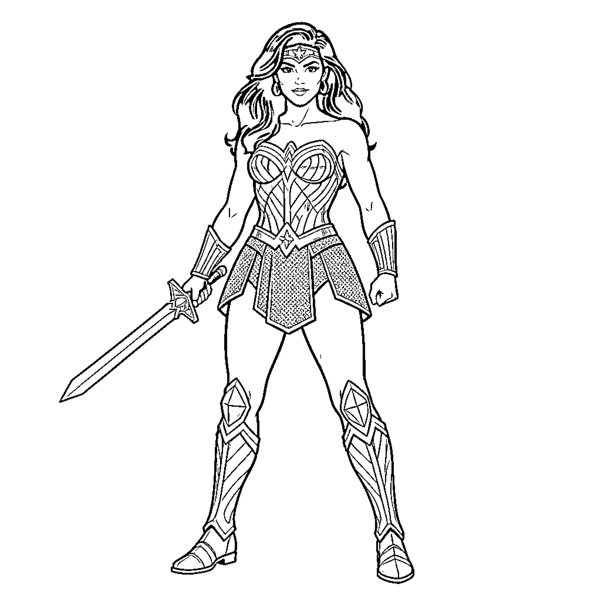 Wonder Woman in heroic battle stance Coloring Page (free black-and-white line drawing printable PDF for all, from beginners to advanced learners, including children, teens, adults, and seniors)