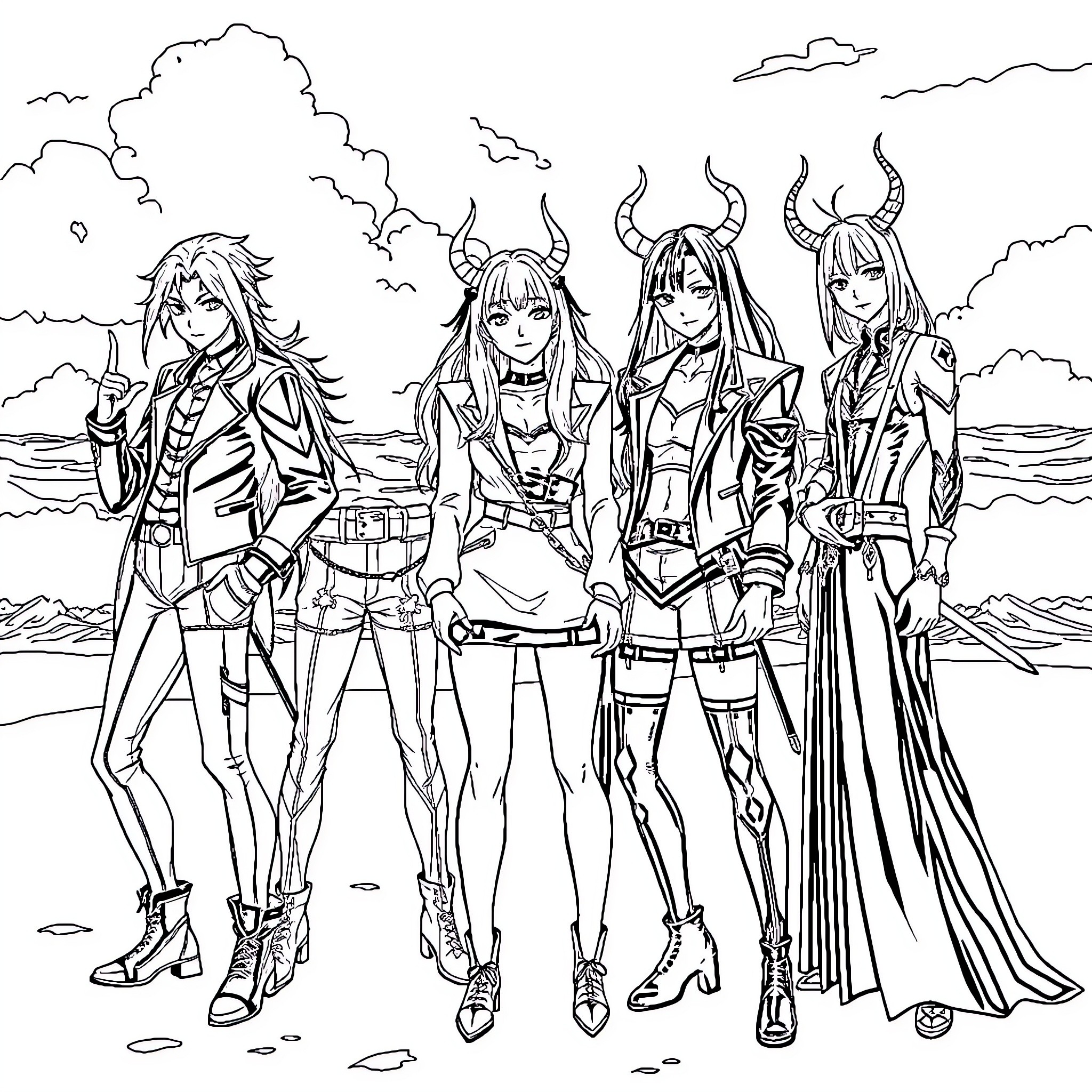 Demon Hunters in Heroic Poses by the Sea Coloring Page (free black-and-white line drawing printable PDF for all, from beginners to advanced learners, including children, teens, adults, and seniors)