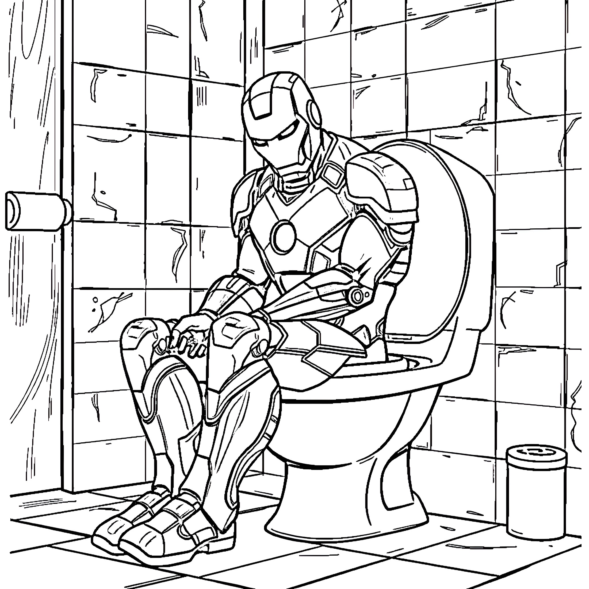 Ironman sitting on the toilet in a high-tech environment Coloring Page (free black-and-white line drawing printable PDF for all, from beginners to advanced learners, including children, teens, adults, and seniors)