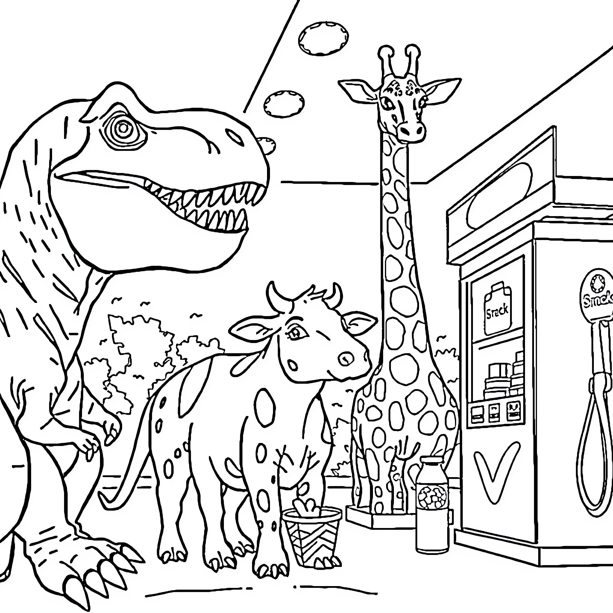 Dinosaur and Giraffe at the Store Coloring Page (free black-and-white line drawing printable PDF for all, from beginners to advanced learners, including children, teens, adults, and seniors)