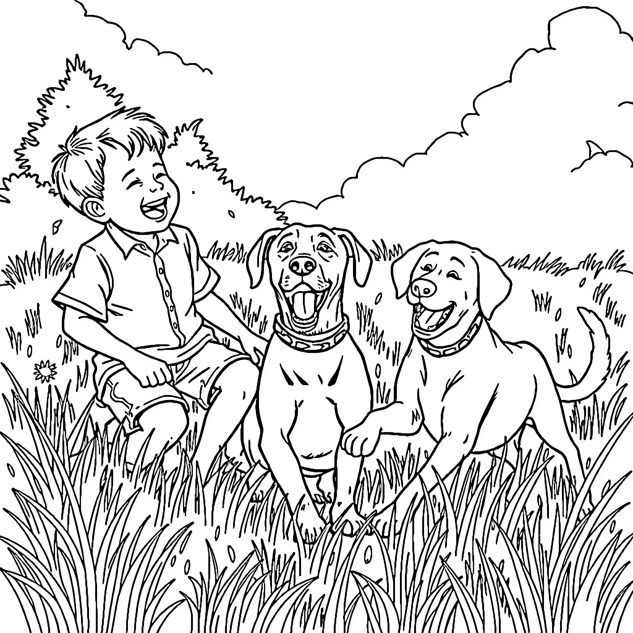Twin Boys Happily Playing with Pet Dogs Outdoors Coloring Page (free black-and-white line drawing printable PDF for all, from beginners to advanced learners, including children, teens, adults, and seniors)