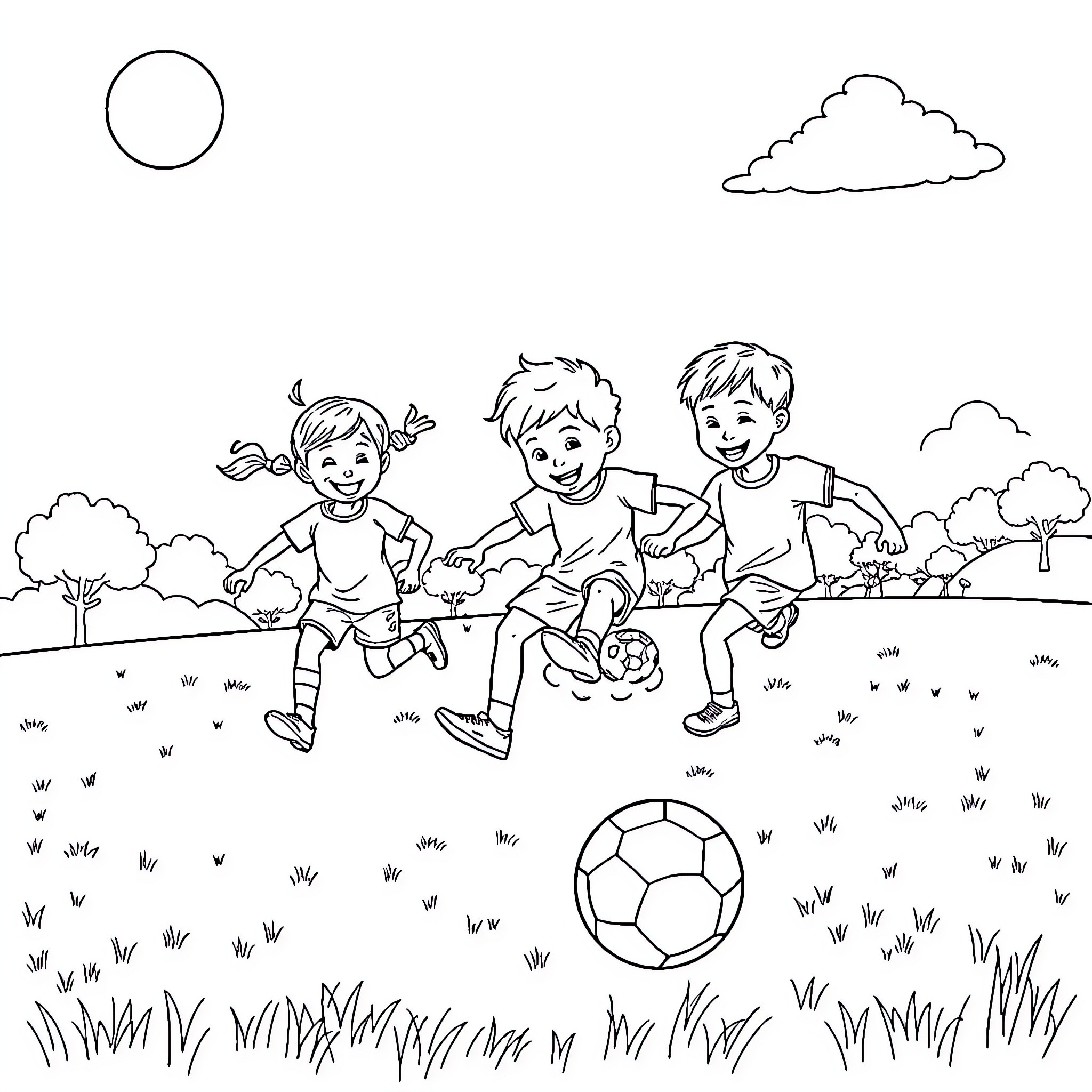 Kids playing happily with soccer ball in the park Coloring Page (free black-and-white line drawing printable PDF for all, from beginners to advanced learners, including children, teens, adults, and seniors)