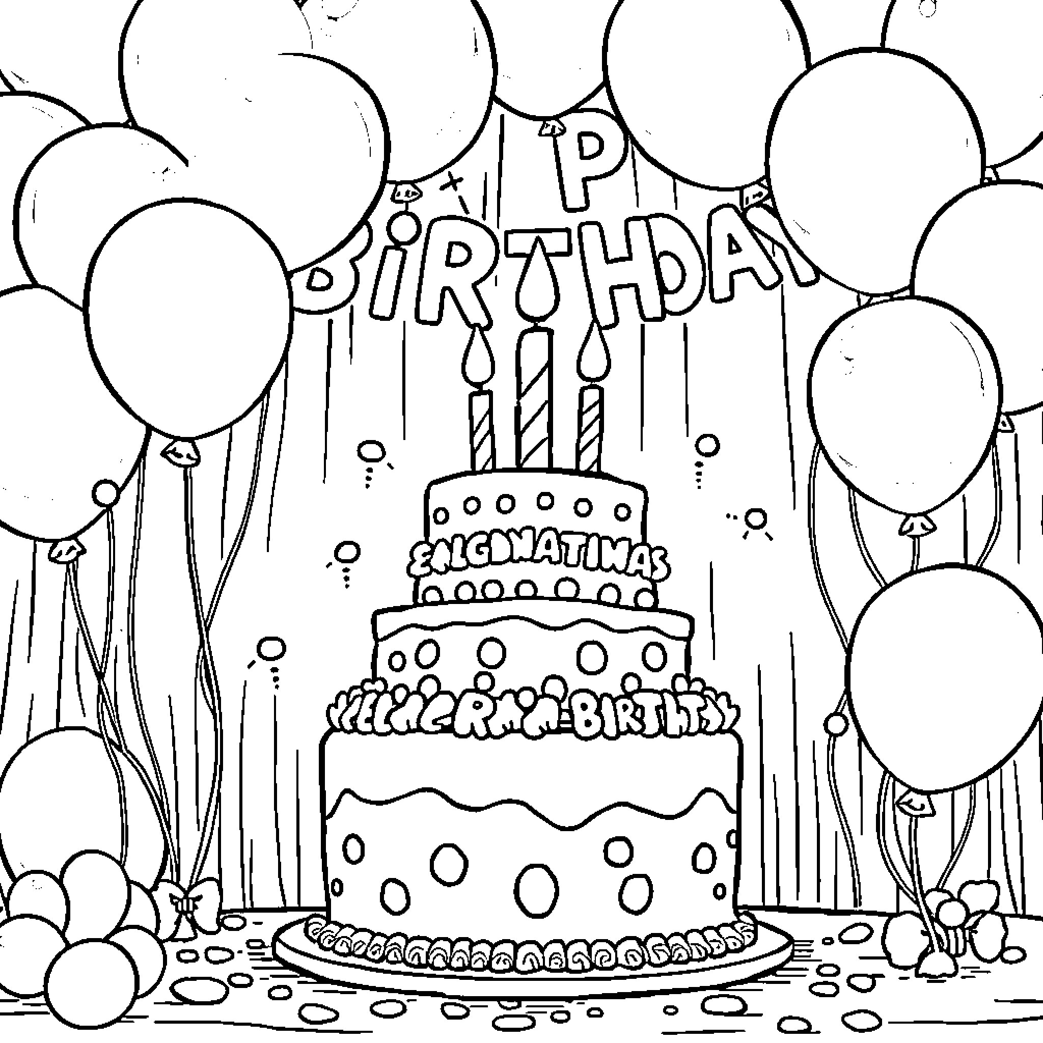 HUNTR/X Birthday Celebration with Balloons and Cake Coloring Page (free black-and-white line drawing printable PDF for all, from beginners to advanced learners, including children, teens, adults, and seniors)