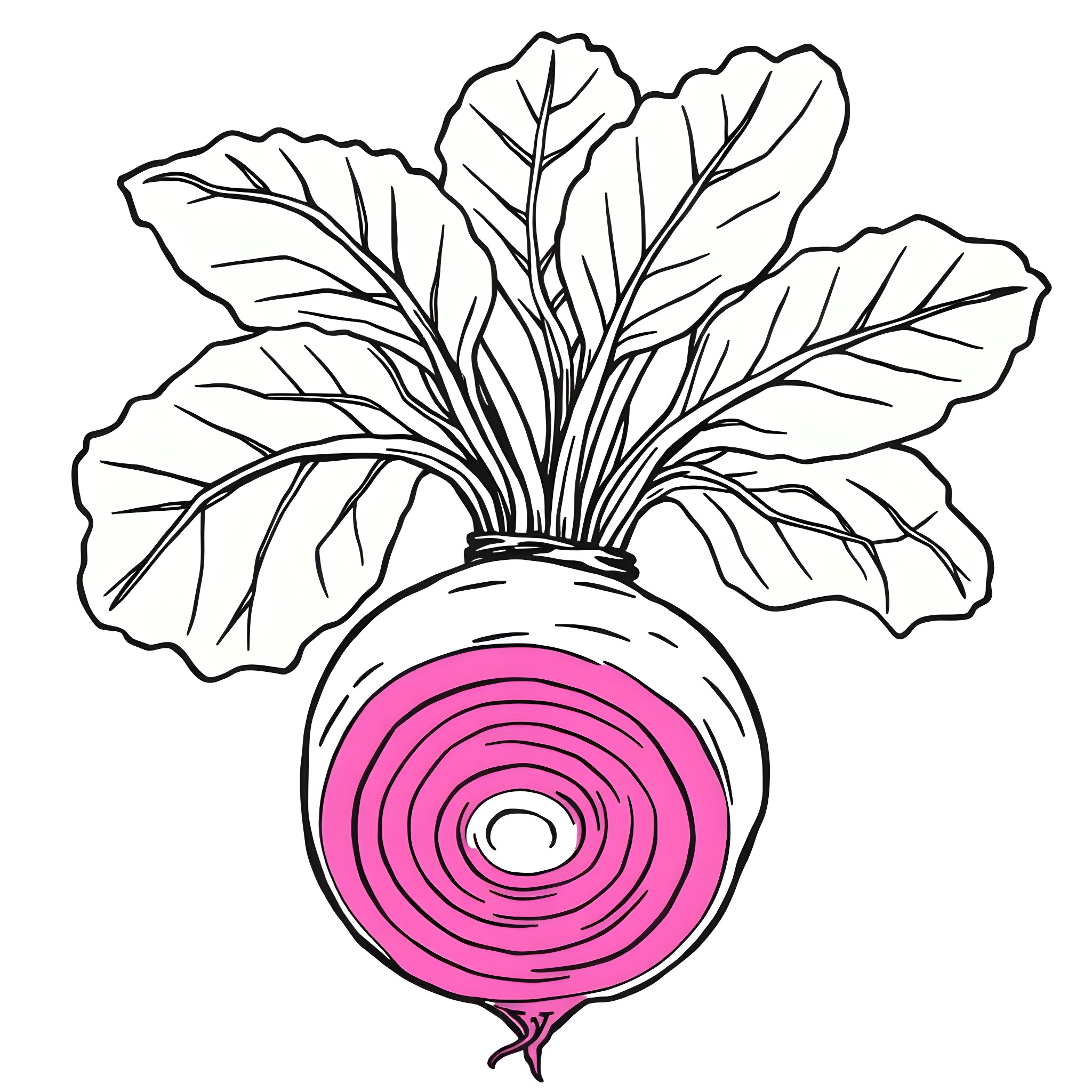 Beetroot with lush foliage in the spotlight Coloring Page (free black-and-white line drawing printable PDF for all, from beginners to advanced learners, including children, teens, adults, and seniors)