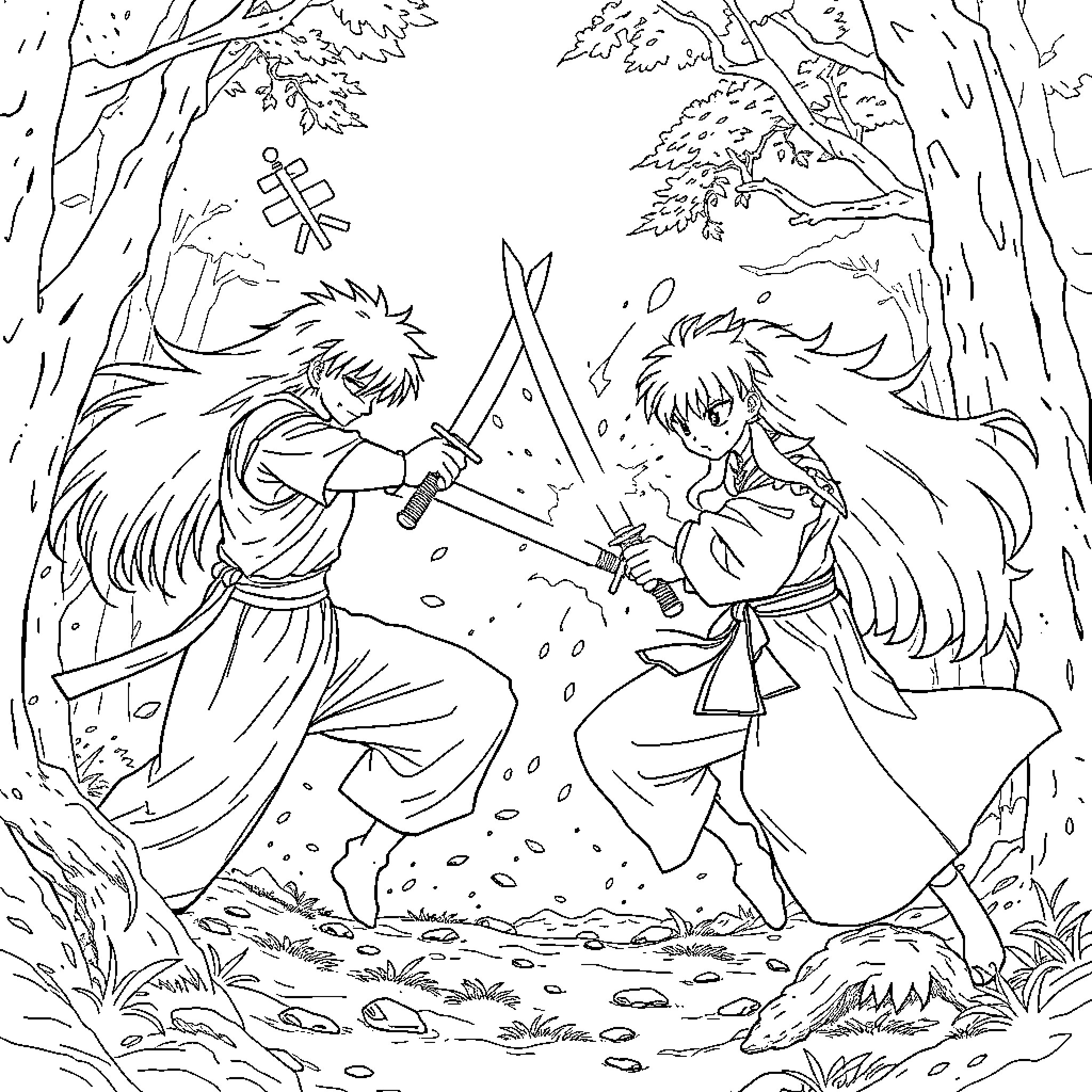 Inuyasha and Kagome battling in the forest Coloring Page (free black-and-white line drawing printable PDF for all, from beginners to advanced learners, including children, teens, adults, and seniors)