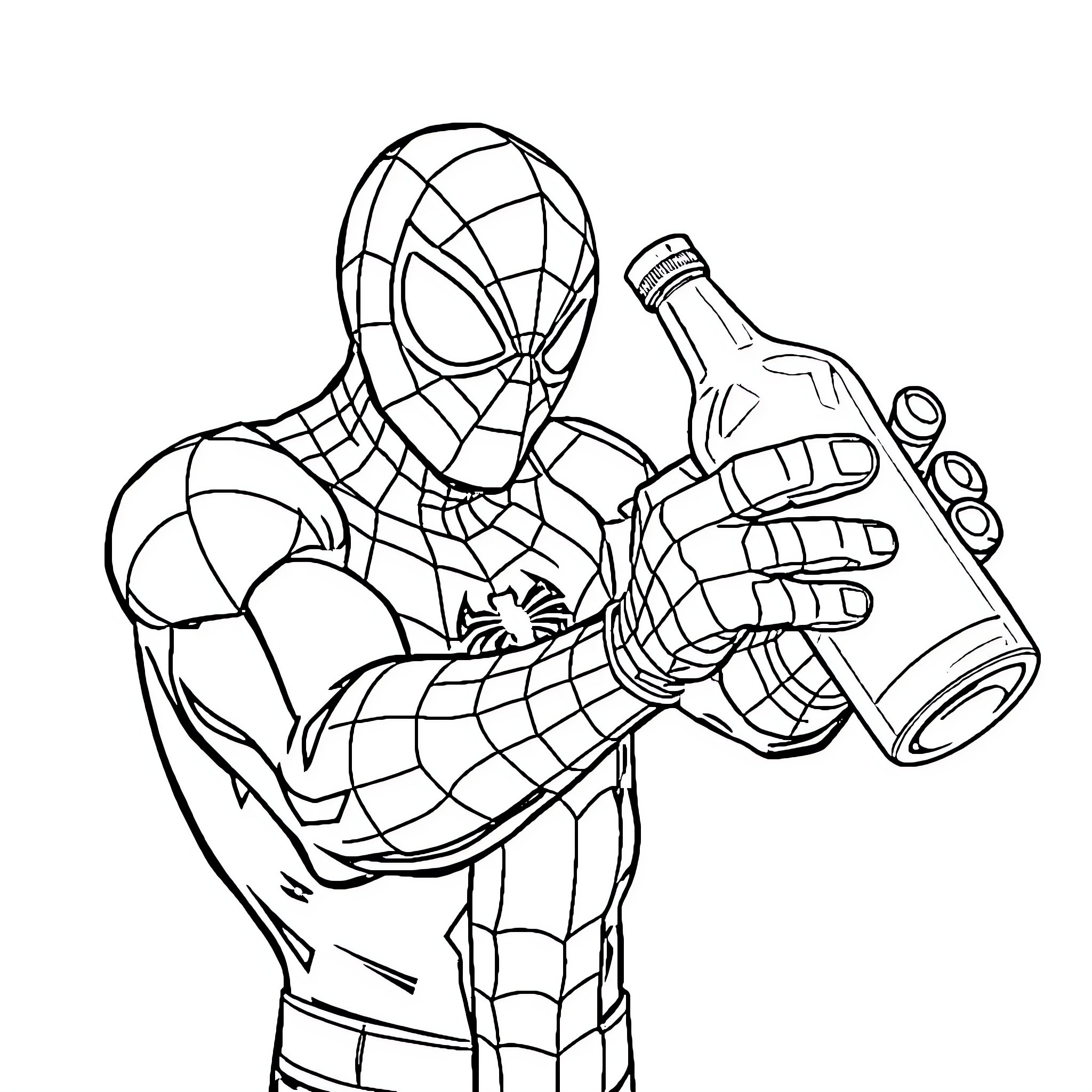Spiderman swinging and holding an object Coloring Page (free black-and-white line drawing printable PDF for all, from beginners to advanced learners, including children, teens, adults, and seniors)