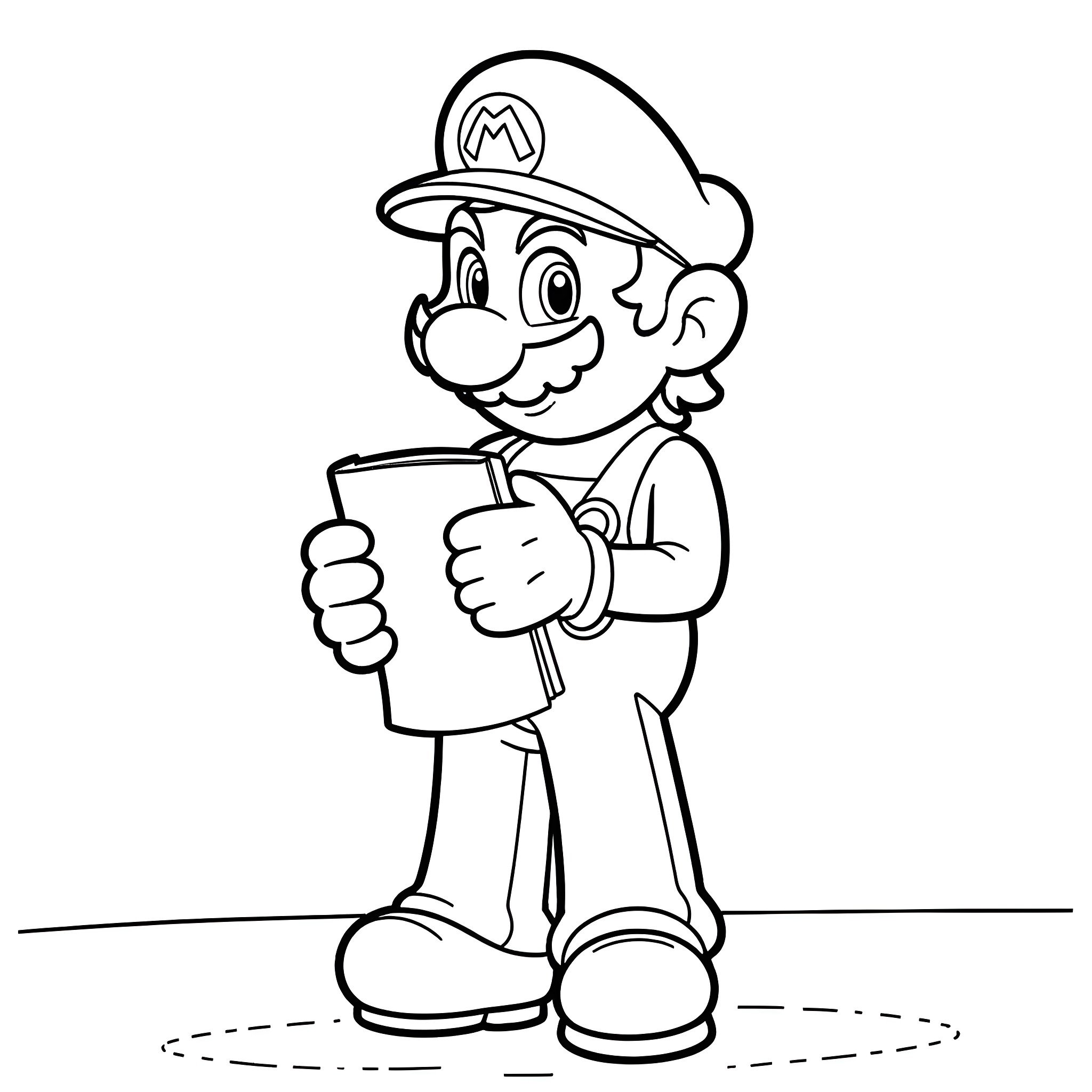 Mario holding a clipboard with enthusiasm Coloring Page (free black-and-white line drawing printable PDF for all, from beginners to advanced learners, including children, teens, adults, and seniors)