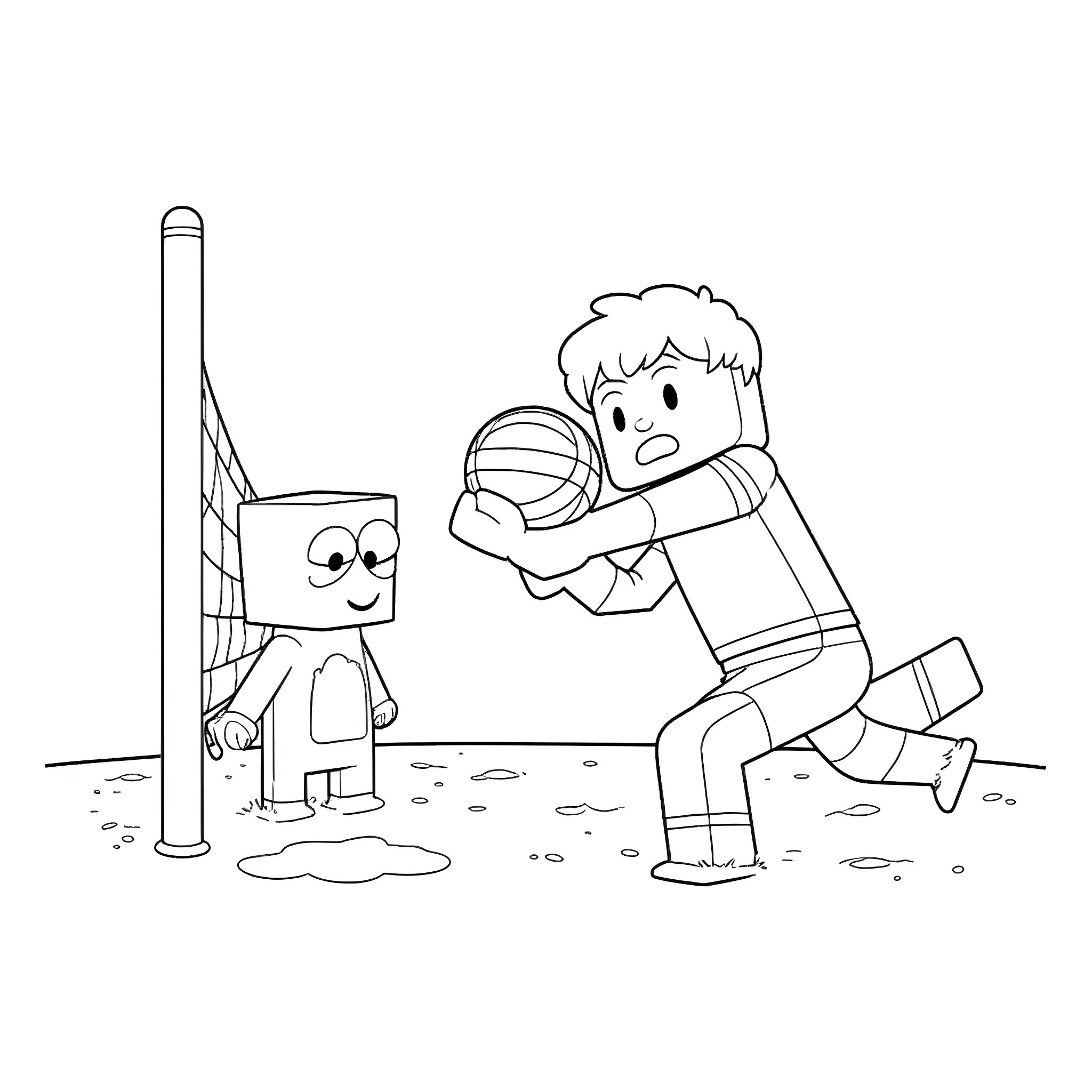Minecraft Steve playing volleyball with friend Coloring Page (free black-and-white line drawing printable PDF for all, from beginners to advanced learners, including children, teens, adults, and seniors)