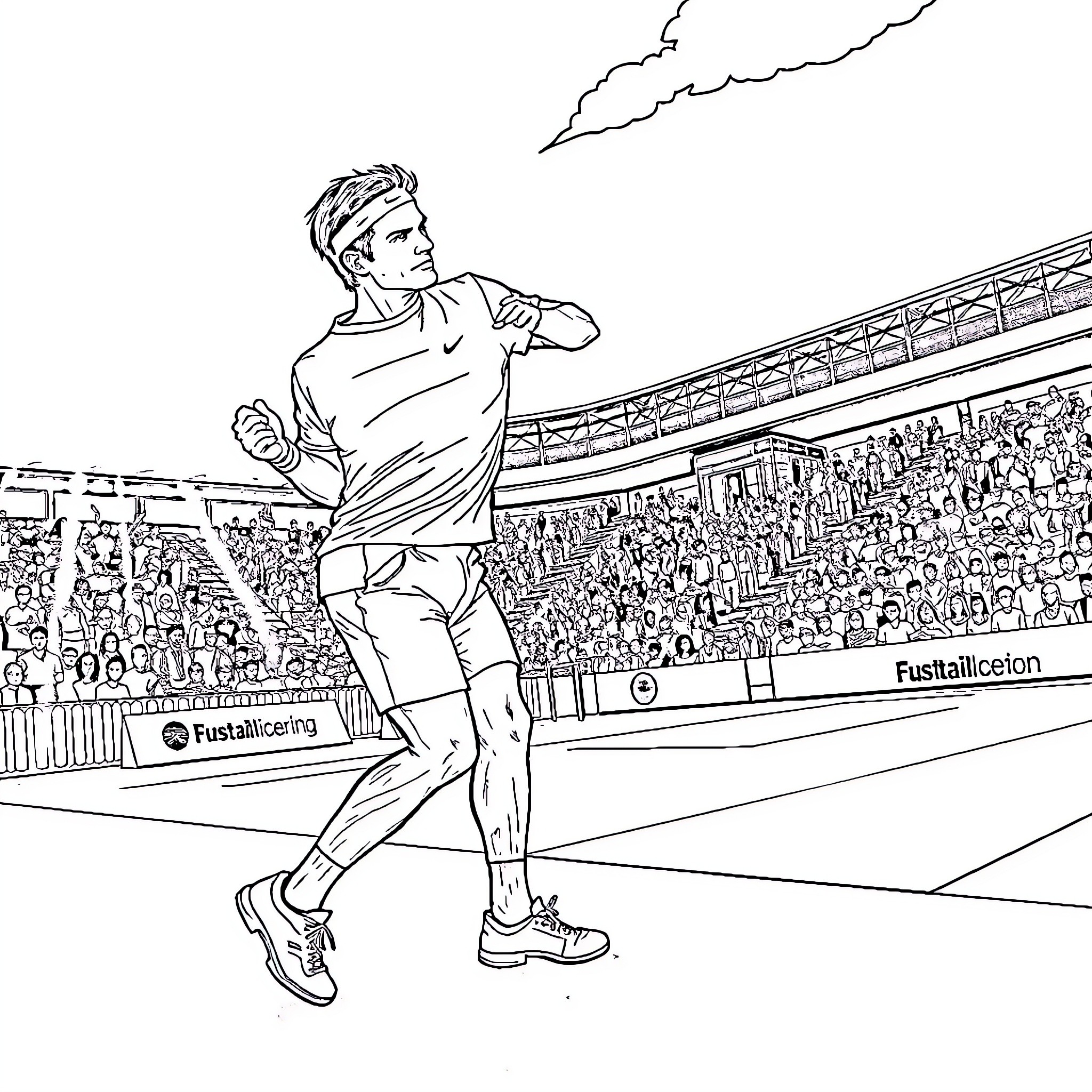 Roger Federer competing on the tennis court Coloring Page (free black-and-white line drawing printable PDF for all, from beginners to advanced learners, including children, teens, adults, and seniors)
