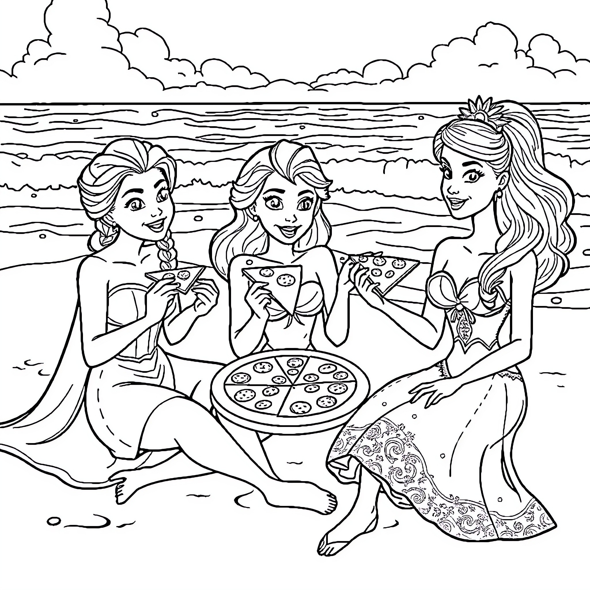 Elsa, Anna, and Ariel Enjoying Pizza at the Beach Coloring Page (free black-and-white line drawing printable PDF for all, from beginners to advanced learners, including children, teens, adults, and seniors)