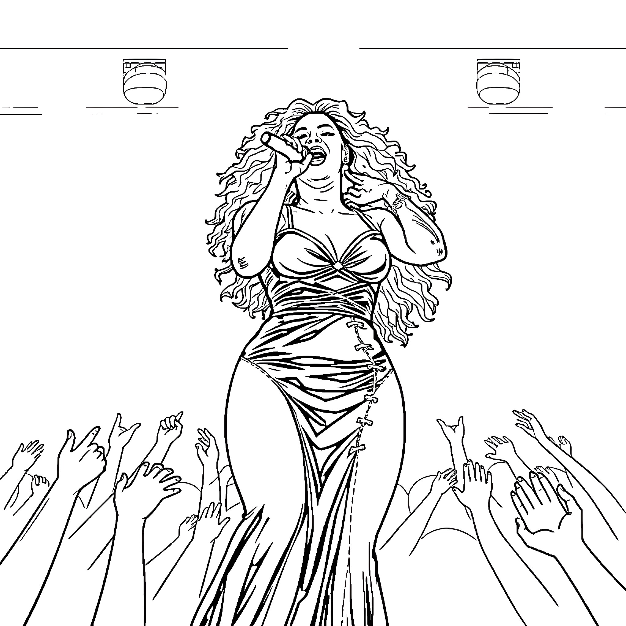 Beyonce performing on stage with adoring fans Coloring Page (free black-and-white line drawing printable PDF for all, from beginners to advanced learners, including children, teens, adults, and seniors)