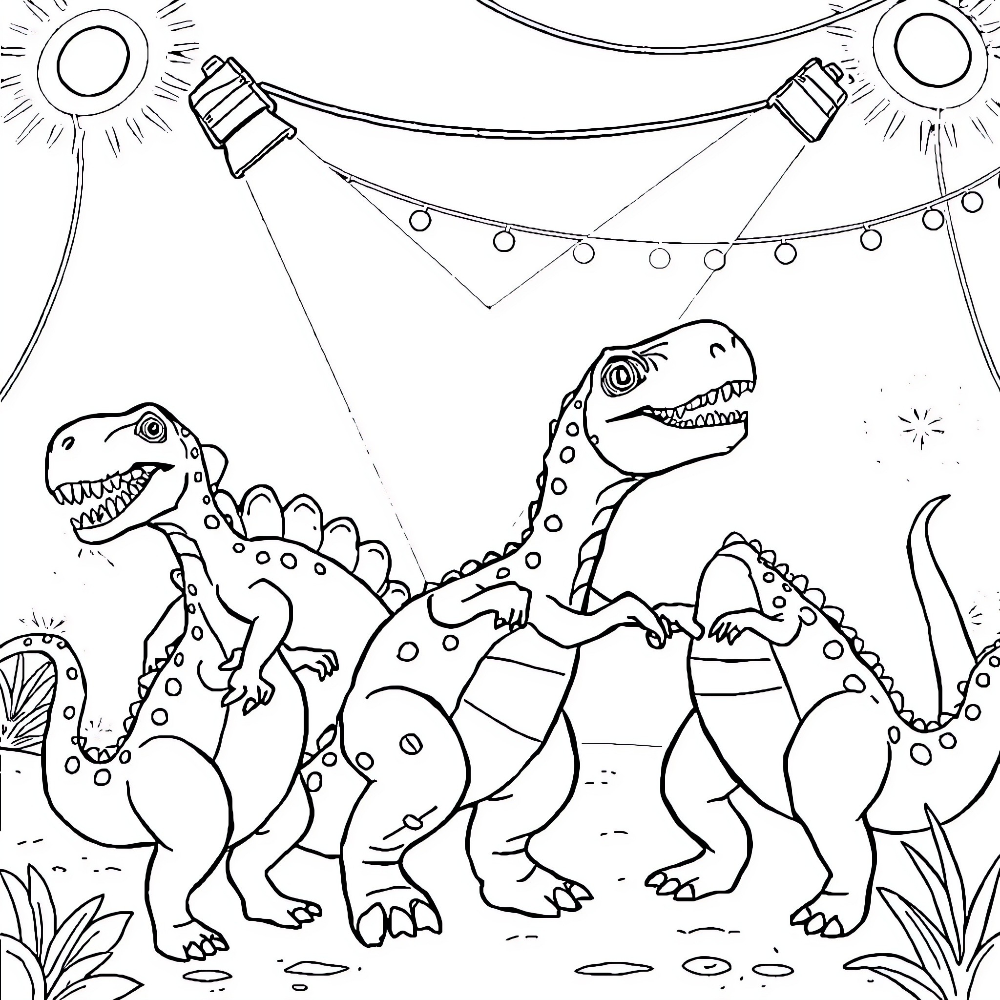 Dinosaurs Enjoying a Festive Outdoor Gathering Coloring Page (free black-and-white line drawing printable PDF for all, from beginners to advanced learners, including children, teens, adults, and seniors)
