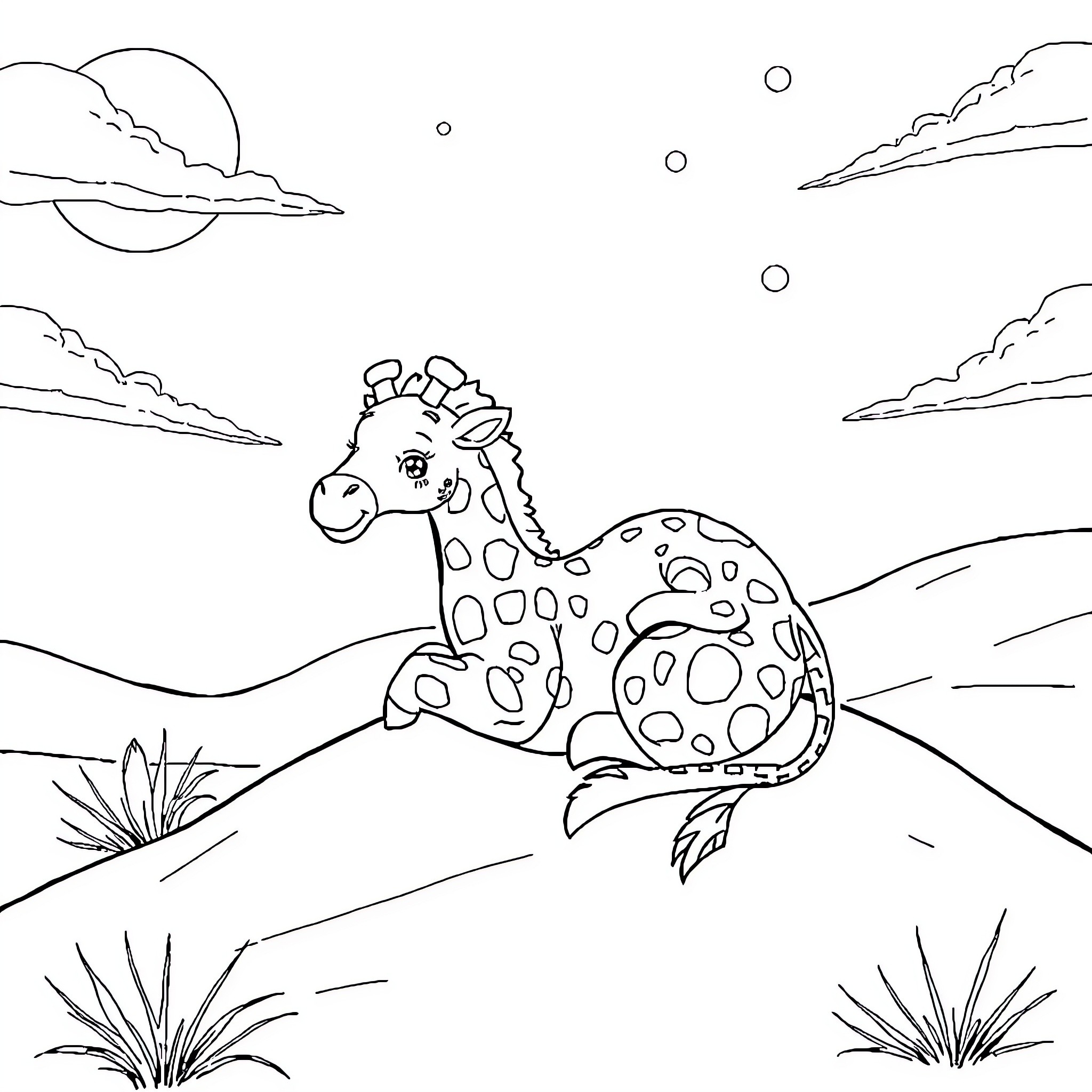 Baby Dinosaur Playing in the Landscape Coloring Page (free black-and-white line drawing printable PDF for all, from beginners to advanced learners, including children, teens, adults, and seniors)