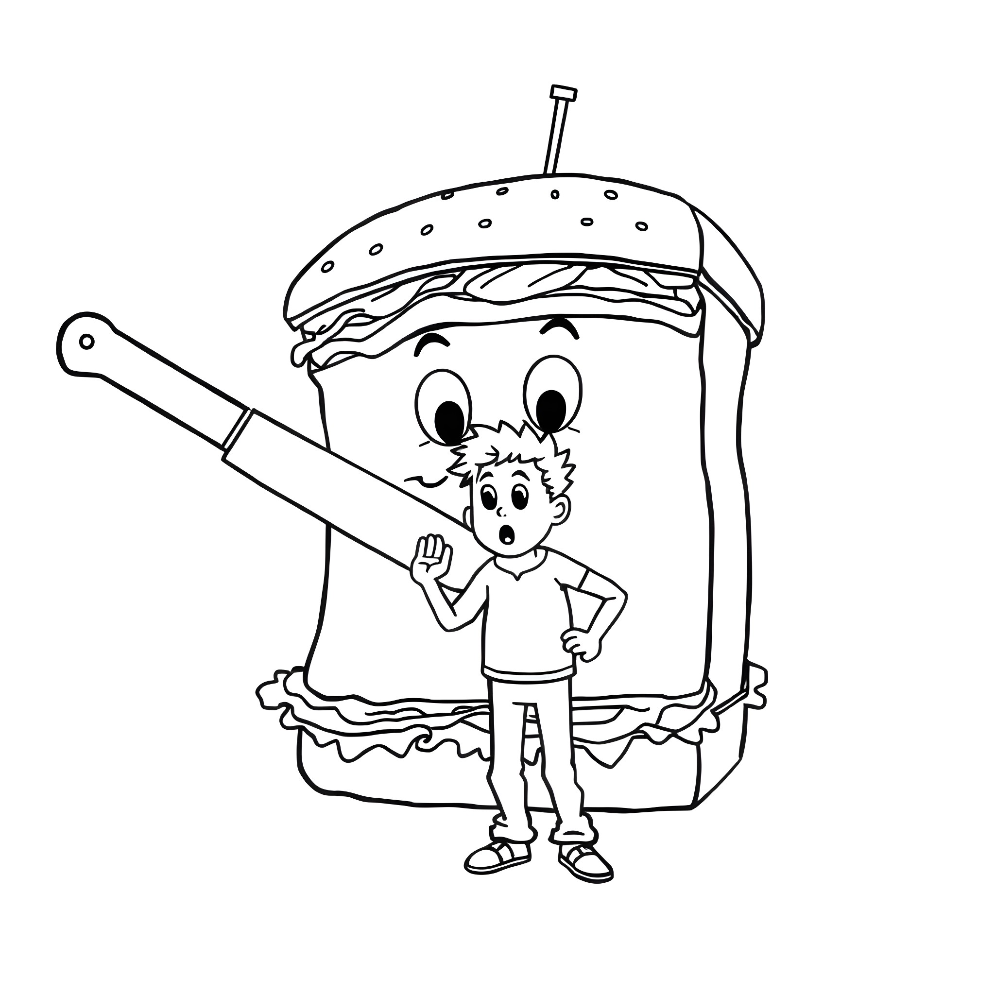 Sandwich with a happy child Coloring Page (free black-and-white line drawing printable PDF for all, from beginners to advanced learners, including children, teens, adults, and seniors)